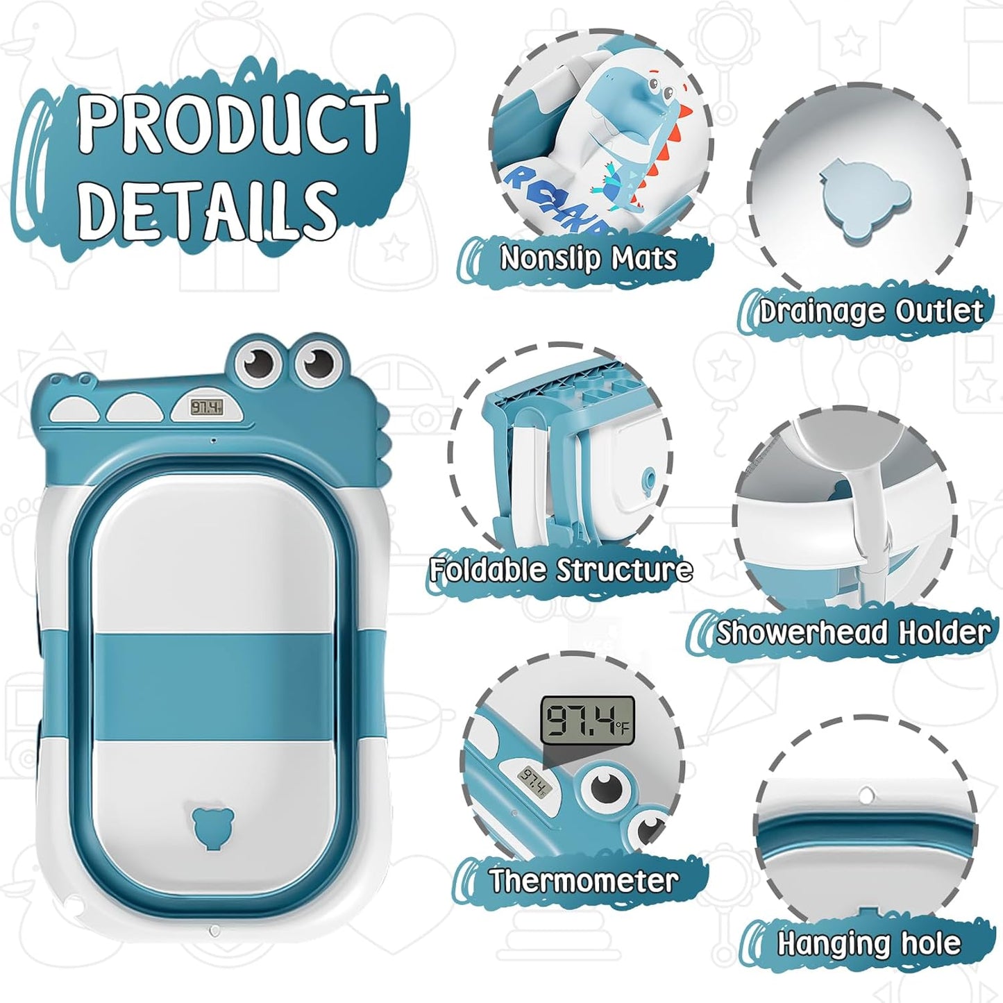 MoreFeel Collapsible Baby Bathtub for Newborn with Thermometer & 1 Hooded Towel & 1 Soft Floating Cushion,Portable Travel Bathtub with Drain Hole, Durable Foldable Baby Tubs for Infants to Toddler