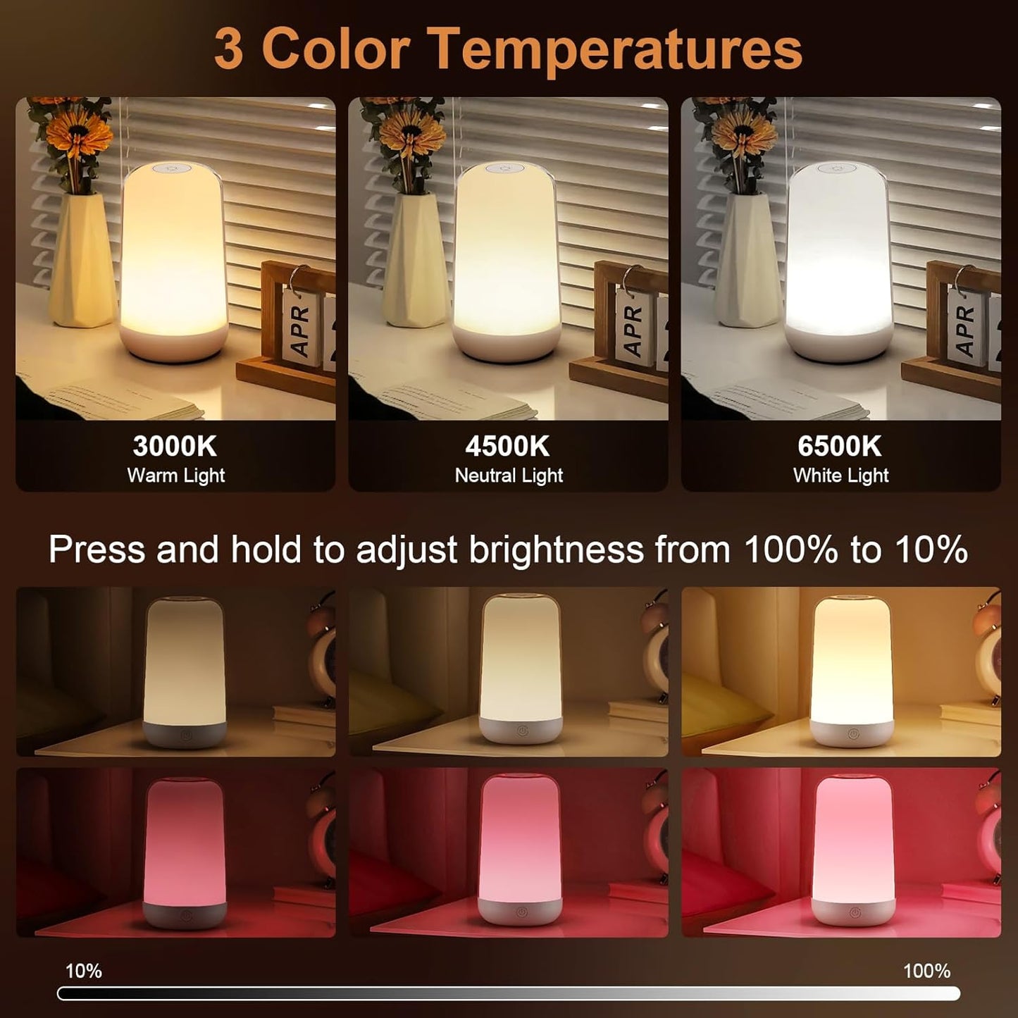 FRIDEKO HOME 2 Pack RGB Touch Bedside Lamp for Nightstand, 3 Color Temperatures Rechargeable Battery Night Light, Dimmable Mood Lighting for Bedroom Living Room Nursery, Breastfeeding, Kids, Adult