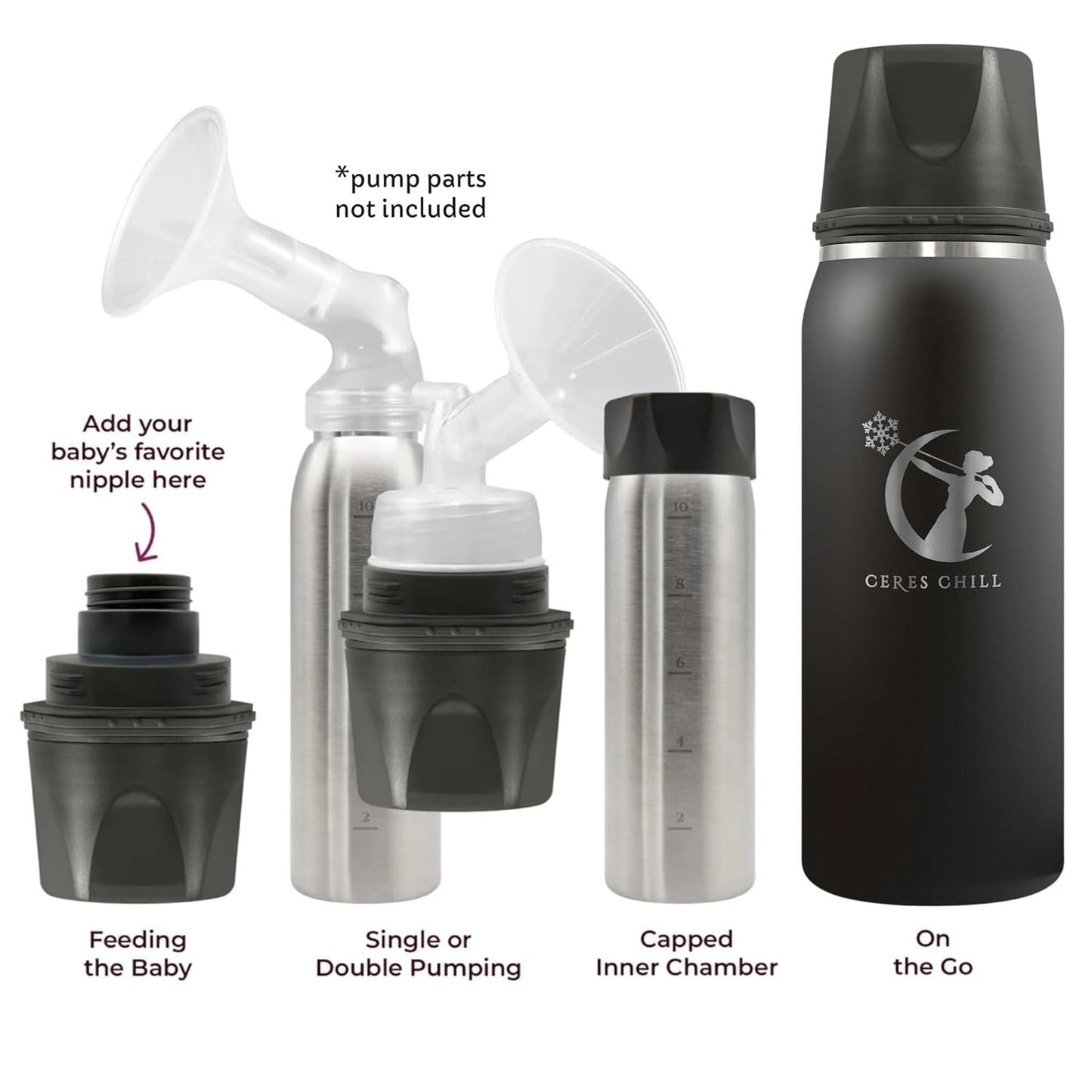 CERES CHILL OG Breastmilk Chiller, Reusable Storage Container, Up to 34 oz. - Bottle Cooler Keeps Milk at Safe Temperatures for Up to 20 Hours, Connects w/Most Pumps (Black)