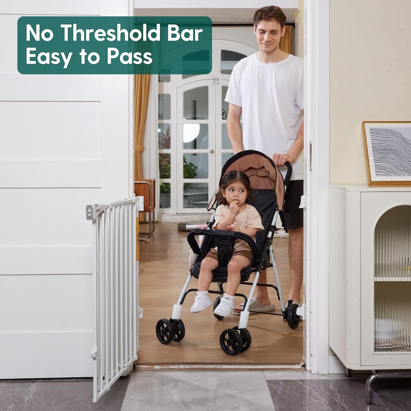 Babelio 26-43" No Bottom Bar Baby Gate for Babies, Elders and Pets, 2-in-1 Hardware Mount Dog Gate for The House, Stairs and Doorways, with Large Walk Thru Door, White