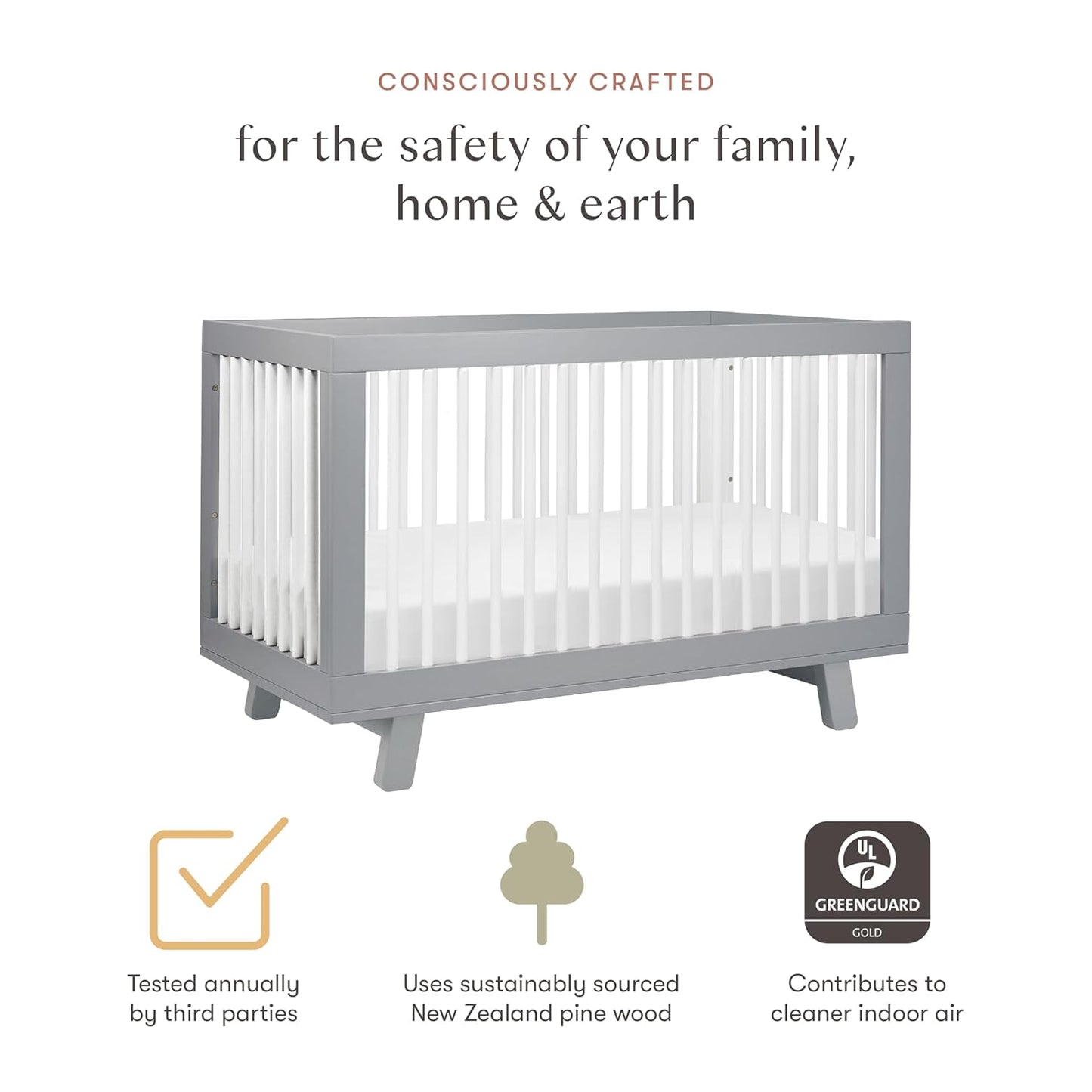 Babyletto Hudson 3-in-1 Convertible Baby Crib with Toddler Bed & Daybed Conversion - Strong, Durable & Easy to Assemble - GREENGUARD Gold Certified w/ 4 Adjustable Mattress Heights - Grey and White
