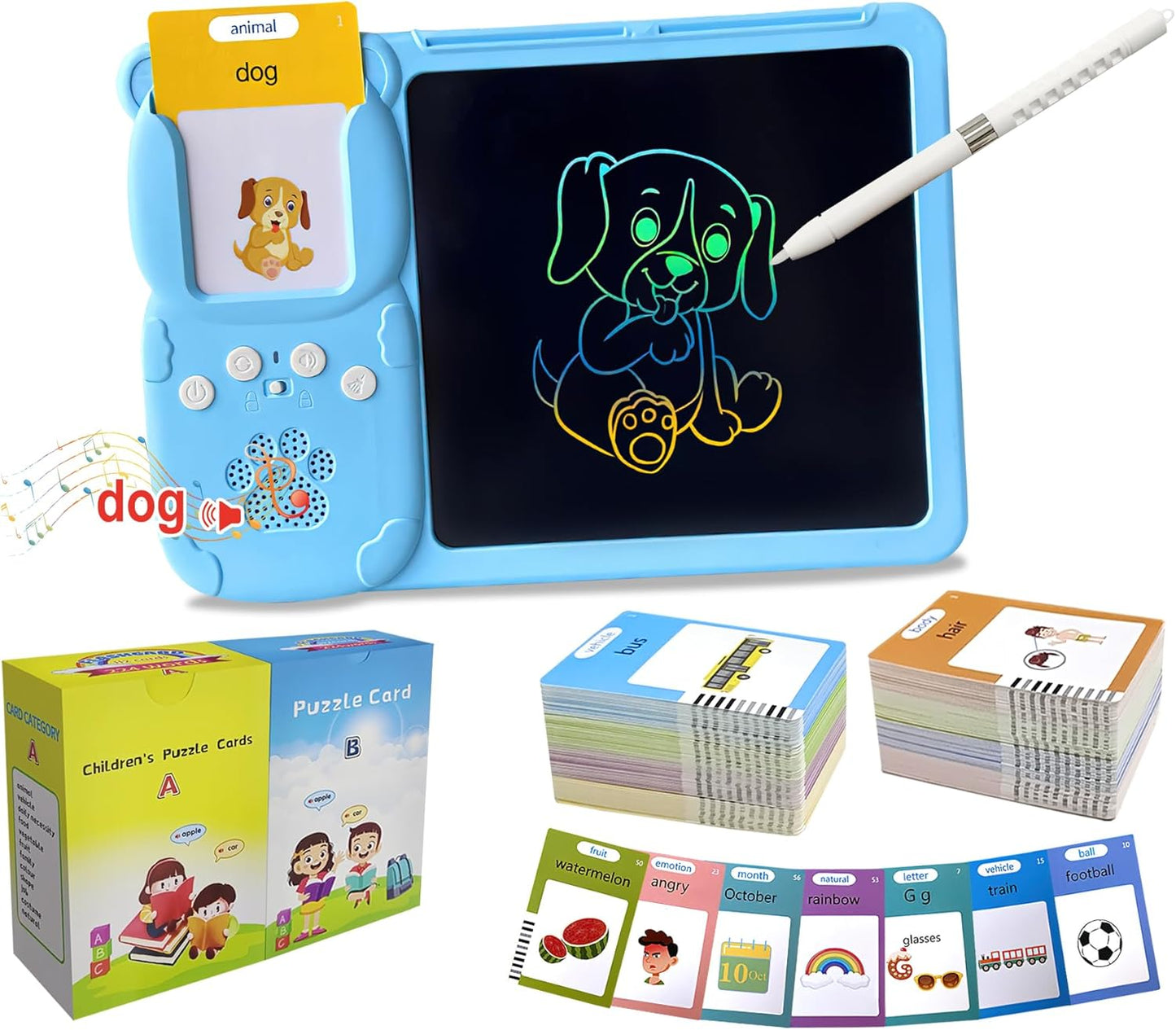 Rylai Toddler Toys Talking Flash Cards, Kindergarten Learning Resources 510 Sight Words with Drawing Tablet for Speaking Doodling, Sensory Toys for Kids with Autism, Boys Girls 2 3 4 5 6, Blue