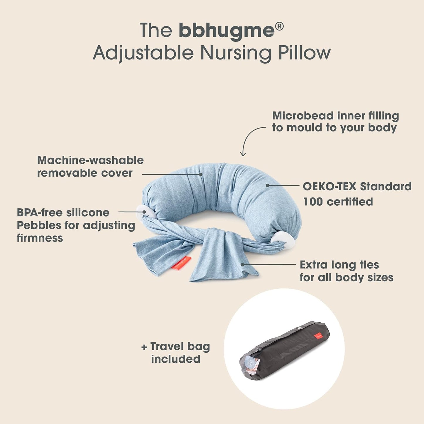 bbhugme Adjustable Nursing Pillow - Breastfeeding, Bottle Feeding, Baby Support - Adjustable Firmness and Fit - Washable Pillow Cover - Blue Melange…