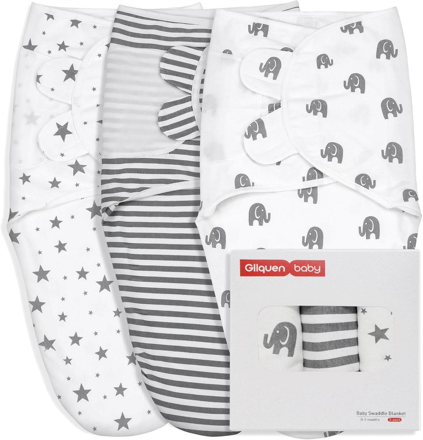 GLLQUEN BABY Newborn Swaddle Blankets for Baby Boy, 3 Pack Baby Swaddles 0-3 Months, Swaddling Sleep Sack, Infant Wrap Swaddle Sack, Elephant & Star & Stripe, Newborn Essentials