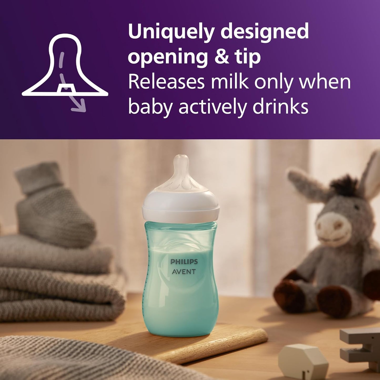 Philips Avent Natural Baby Bottles with Natural Response Nipples (Medium Flow, Flow 3), 9oz, Teal, 4-Pack, SCY903/44