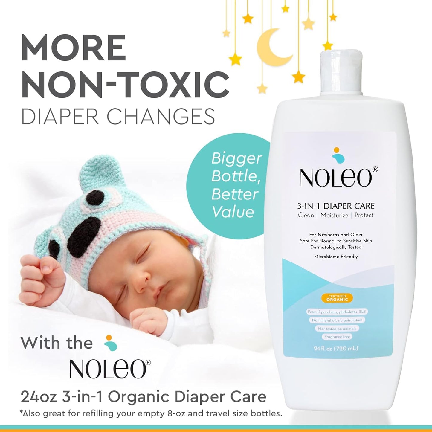 3-in-1 Diaper Care - Baby Cream, Cleanser & Lotion Organic - Diaper Rash - Rash Ointment - Cream to Clean, Moisturize & Protect Skin Made in France, 24 oz