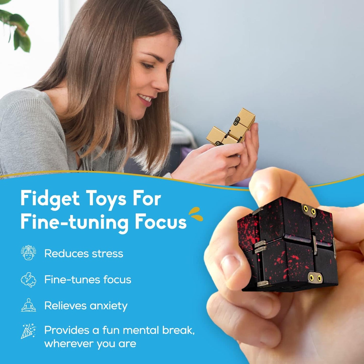 PILPOC theFube Infinity Cube Fidget Desk Toy - Aluminum Infinite Magic Cube with Case, Sturdy, Heavy, Relieve Stress and Anxiety, for ADD, ADHD, OCD (Blue Pink)