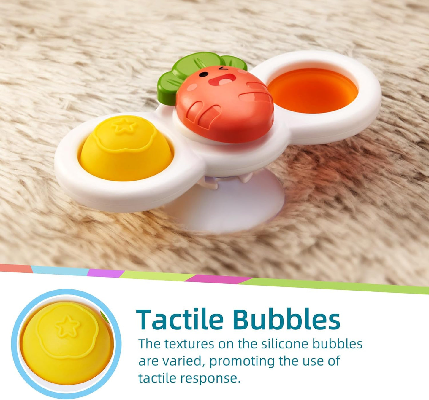 LiKee Strong Suction Cup Fidget Spinnerz Sensory Bath Toys for Baby 12 18 Months Airplane Car Travel Table & Window Toys for 1 2 Year Old Toddler Boys and Girls (Sun)