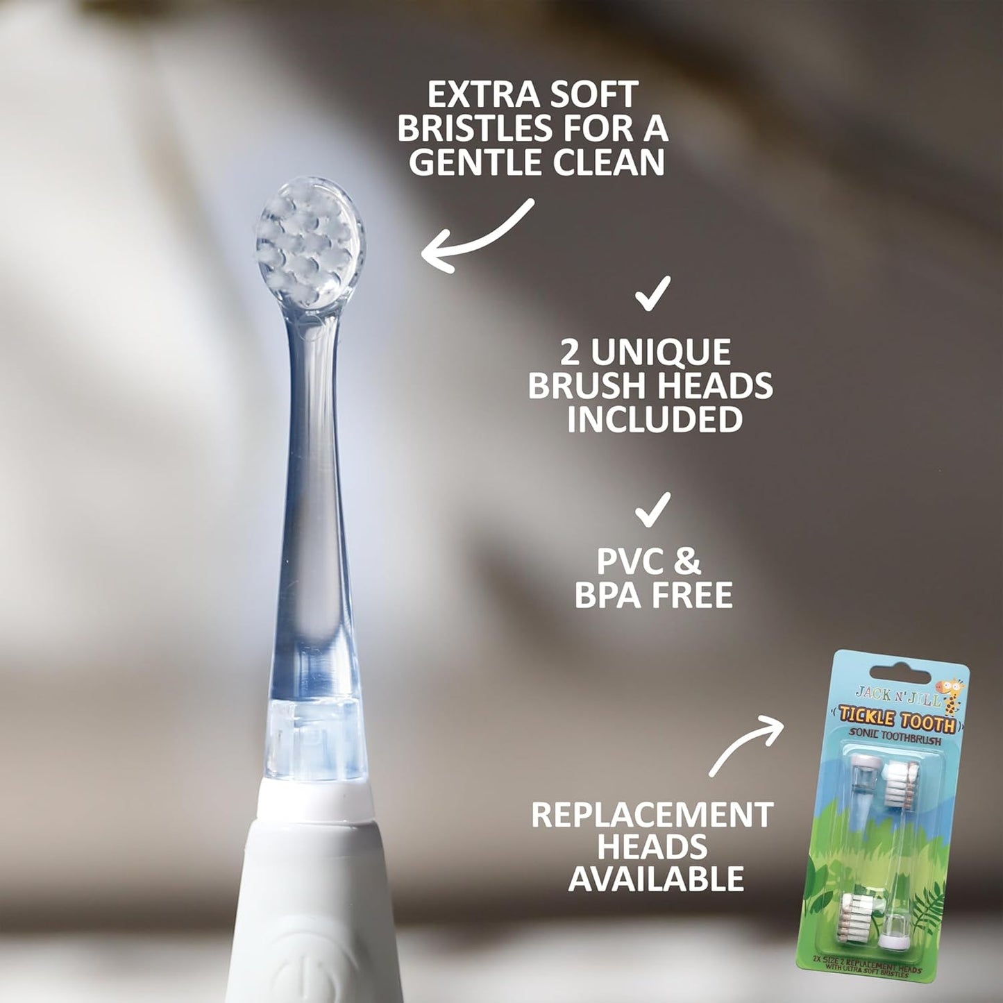 Jack N' Jill Kids Tickle Tooth Sonic Electric Toothbrush and Replacement Head, LED Brush Head with Light Timer and 30 Second Pulse Reminder, Extra Soft Bristles Suitable from 0-6 Years