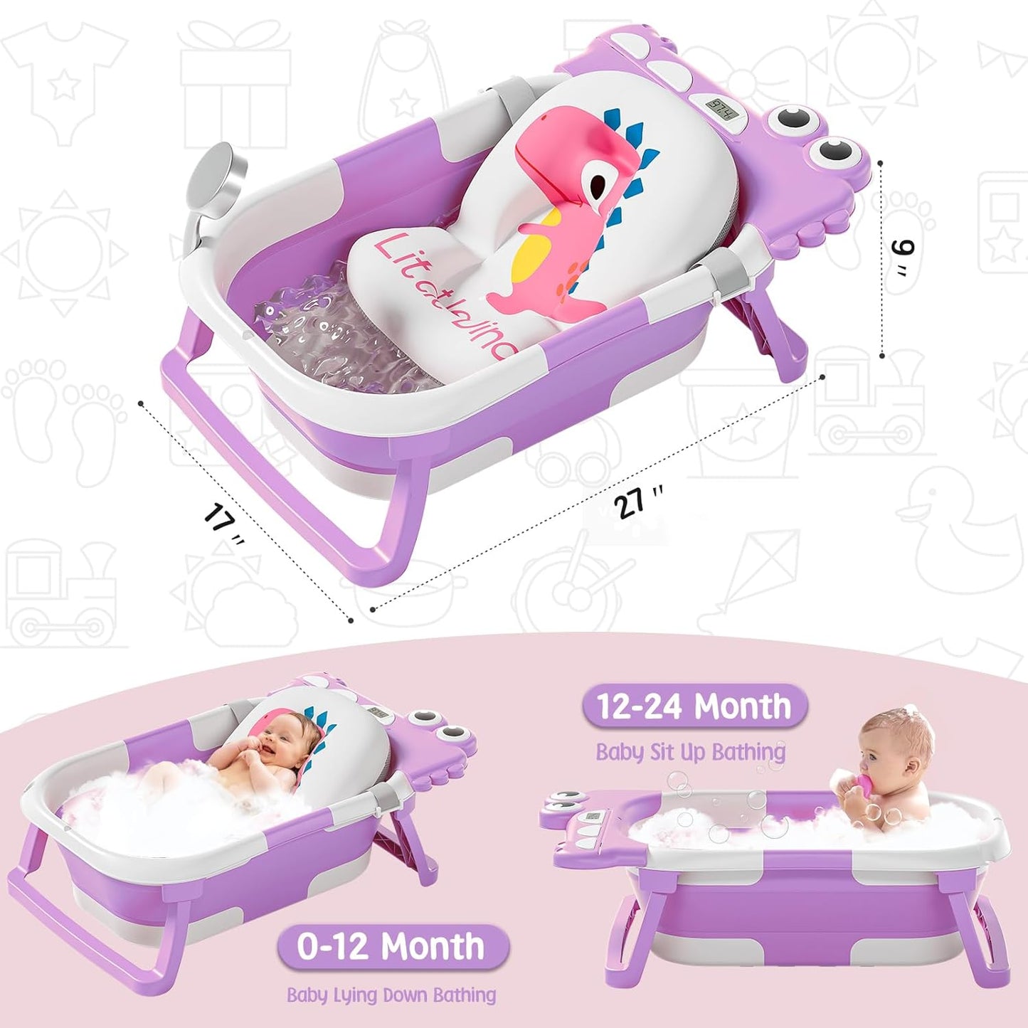 MoreFeel Collapsible Baby Bathtub for Newborn with Thermometer & 1 Hooded Towel & 1 Soft Floating Cushion,Portable Travel Bathtub with Drain Hole, Durable Foldable Baby Tubs for Infants to Toddler
