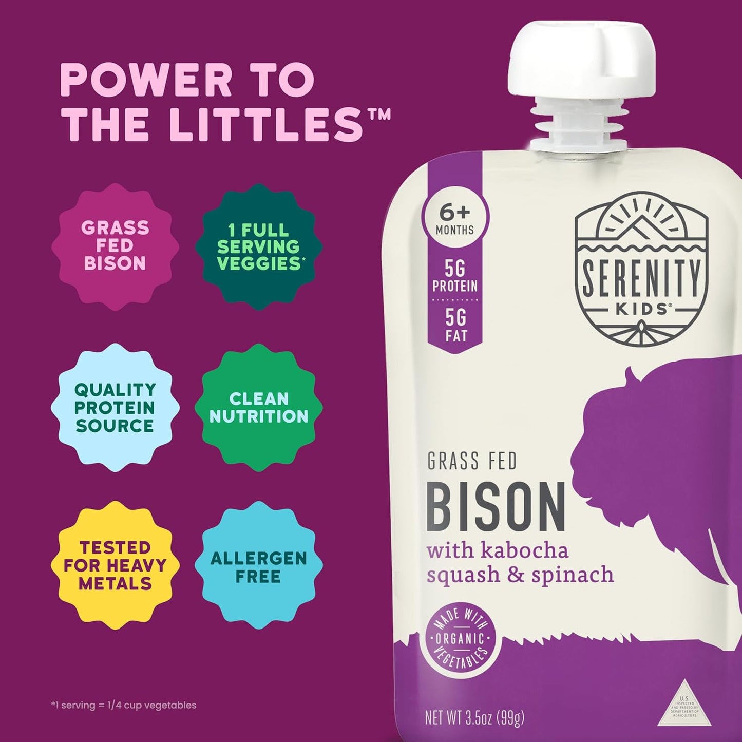 Serenity Kids 6+ Months Baby Food Pouches - Ethically Sourced Grass-Fed Bison & Organic Kabocha Squash & Spinach Puree - BPA-Free Baby Puree Pouches - 3.5 Oz, 6 Pack