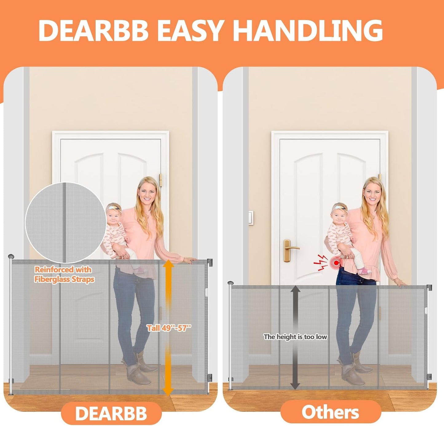 Extra Tall 57'' Reinforced Retractable Mesh Baby Gates with Reinforced Strips,Dog Gate Extends to 79" Wide,Prevents Bottom Drilling Through Baby and Pet,Retractable Pet Gate for Outdoor/Indoor