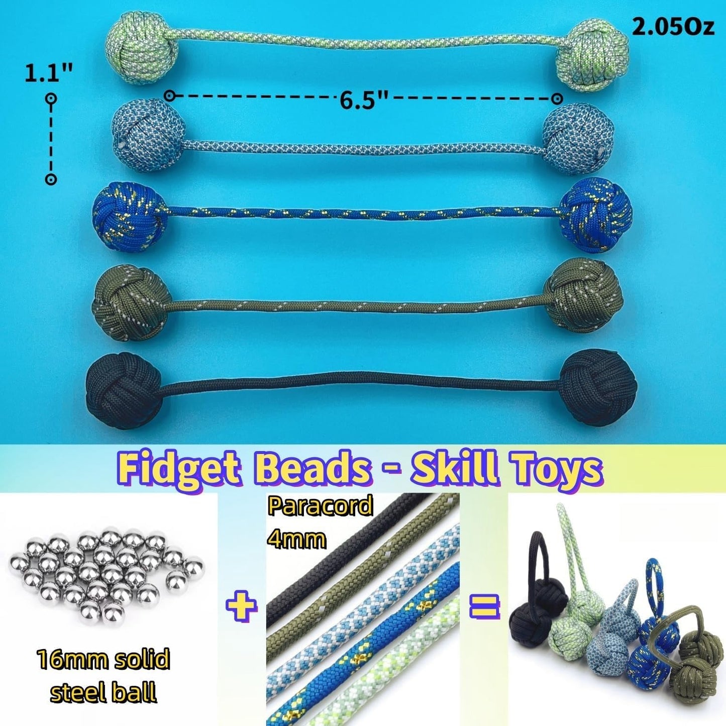 Fidget Beads Skill Toys, Fidget Toys, Parachute Cord and Steel Beads Handmade Fidget Beads, Beginners Worry Beads, Portable EDC Leisure Toys (Gold Blue)