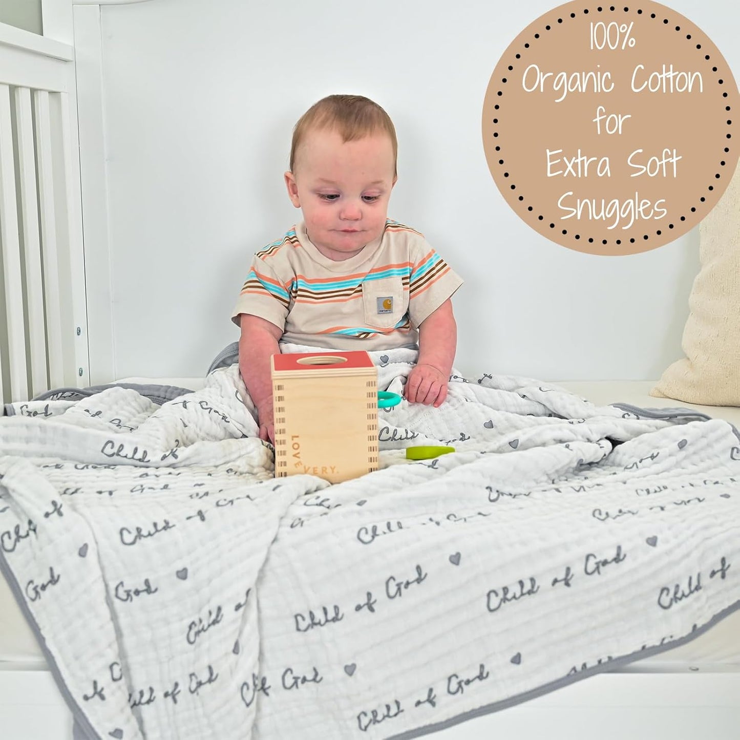 LollyBanks Muslin Baby Blanket 100% Organic Cotton, Muslin Quilt Lightweight, Toddler Blanket for Boy and Girl, 6 Layers Baby Blankets 47"x 47", Nursery Receiving Blankets (Christian Baby)