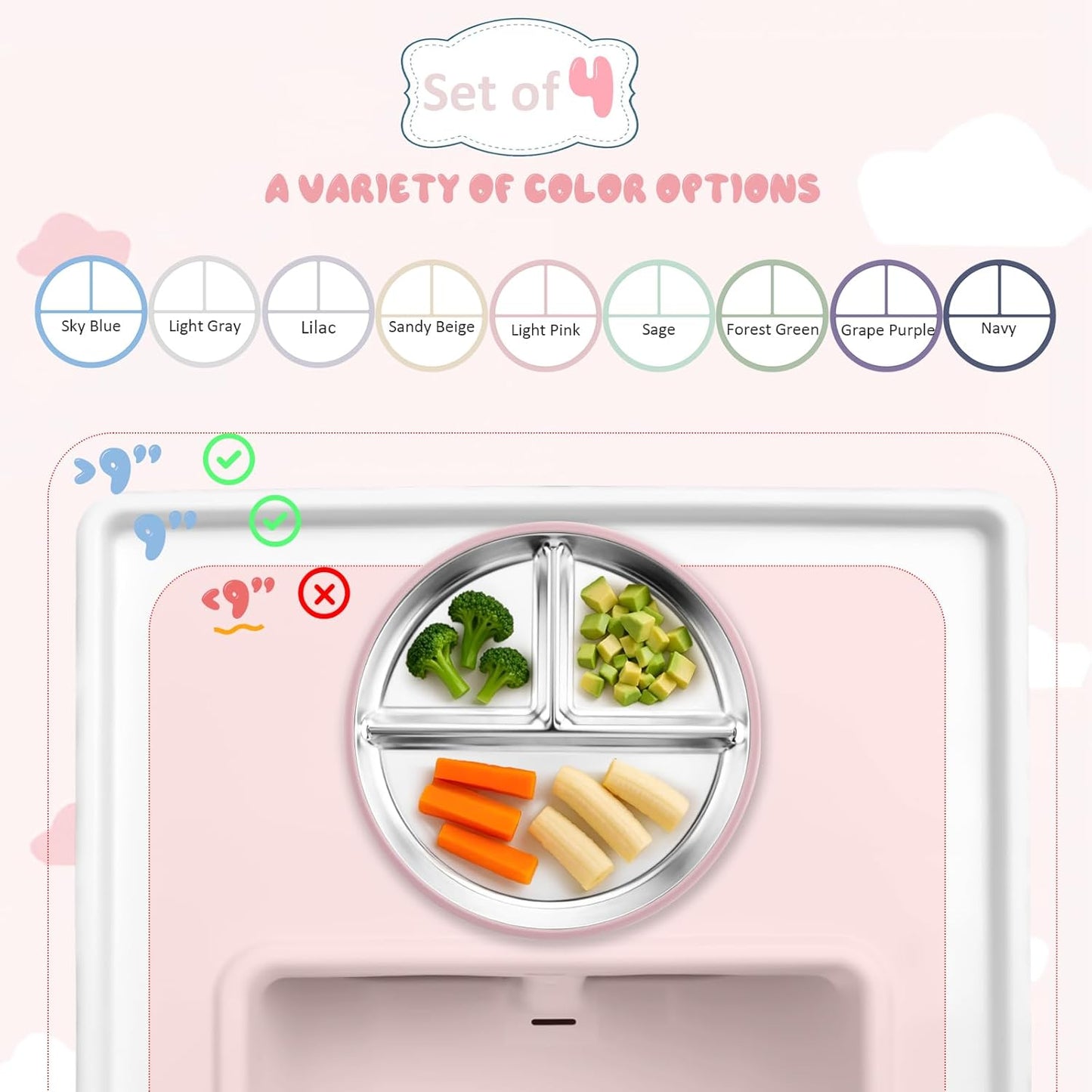 Stainless Steel Suction Plates for Toddlers, 9" Divided Kids Baby Plates with Removable Silicone Suction, Non Toxic Non Slip Portion Control Snack Dishes 4 Packs, Blue Green Gray Pink