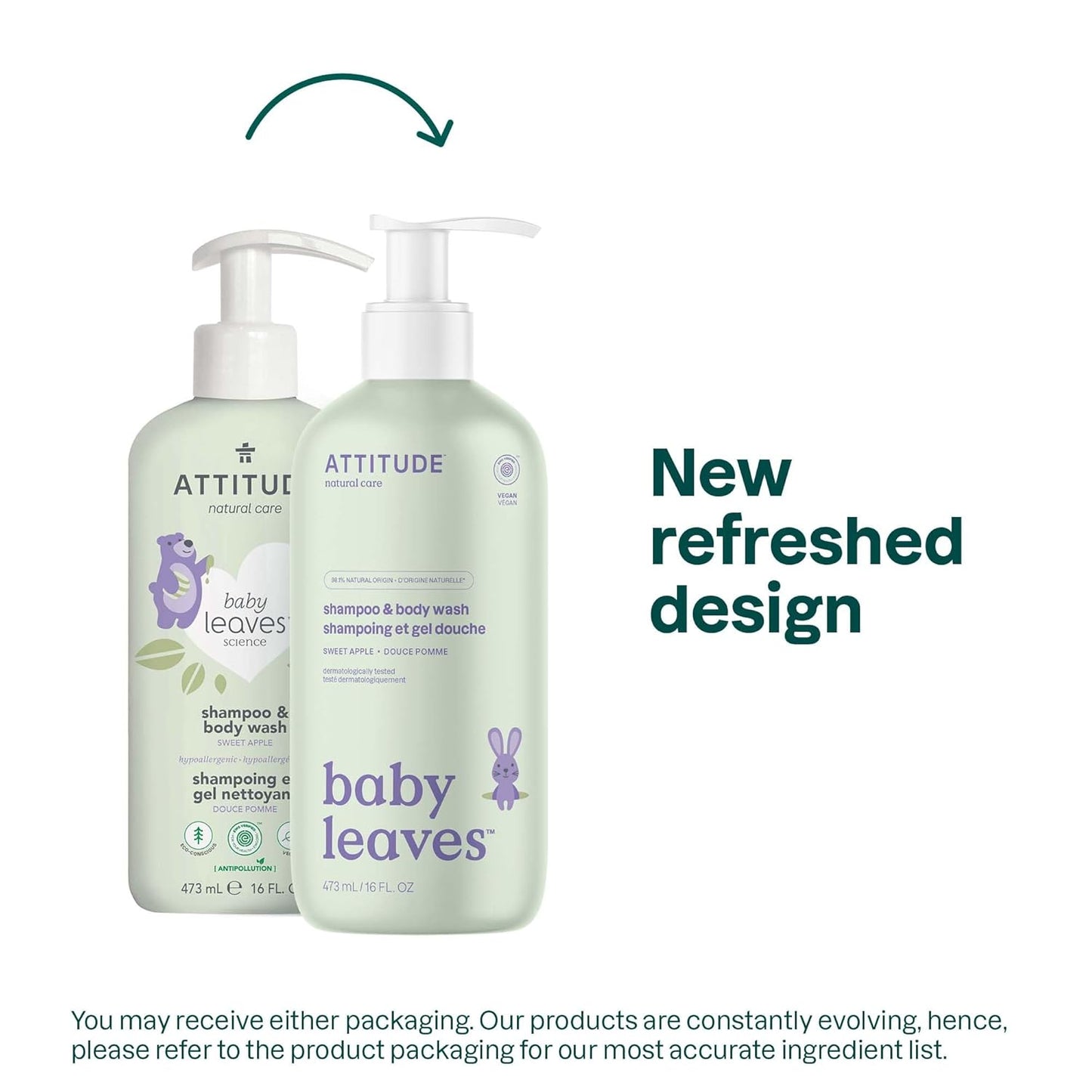 ATTITUDE 2-in-1 Baby Hair Shampoo and Body Wash, EWG Verified, Plant- and Mineral-Based Ingredients, Hypoallergenic Vegan and Cruelty-Free, Sweet Apple, 16 Fl Oz (Pack of 6) (16614)