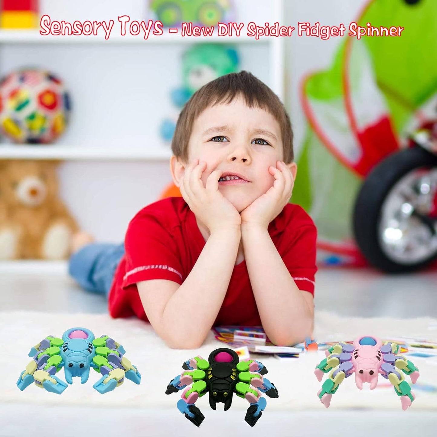 Sensory Fidgets Toys for Kids and Adults,4 Pack Transformable Fidget Spinners for Boys Girls, Chain Pop Spider Fingertip Toy for ADHD Autism for Kids Gifts, Random Color