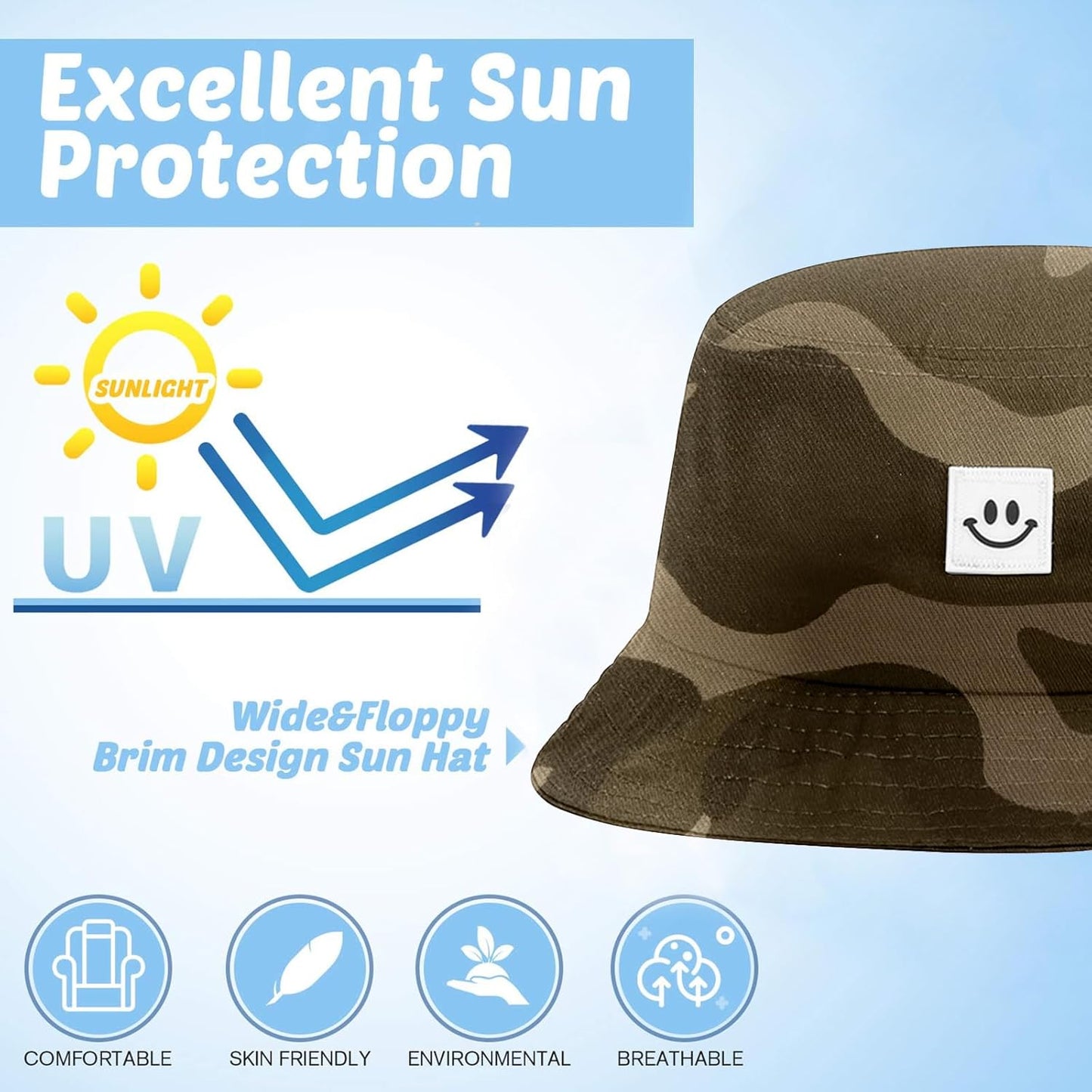 Kids Sun Hat Smile Face Bucket Hat for Girls Boys Summer Sun Protection Cotton Unisex Beach Cap