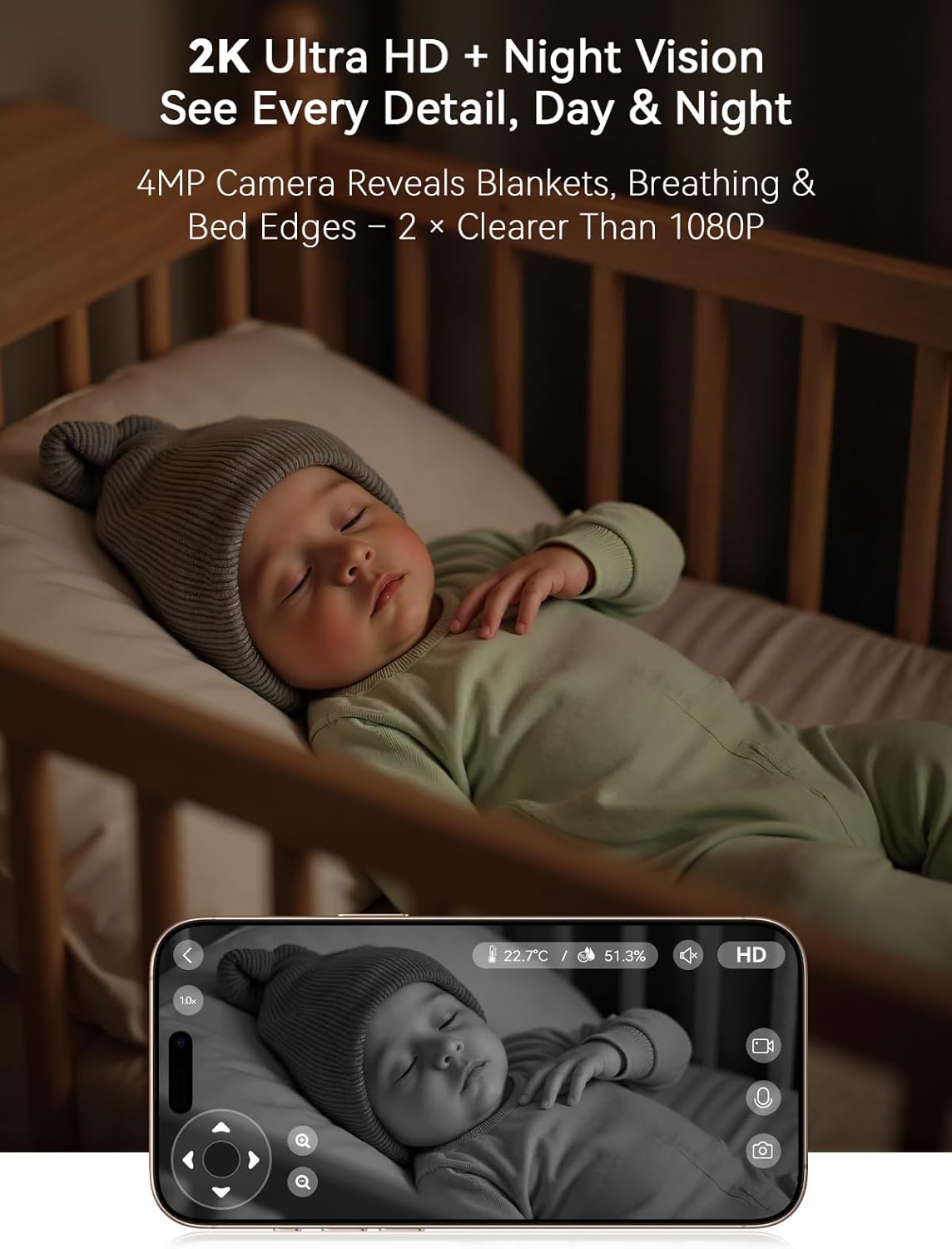 Outinput Smart WiFi Baby Monitor 2K 4MP, PTZ Indoor Cam for Nursery, Crying/Feed/Temp/Humidity Alerts, Night Vision w/Gentle Light, Soothing Lullabies for Baby Sleep, App Control, Cloud&Local Storage