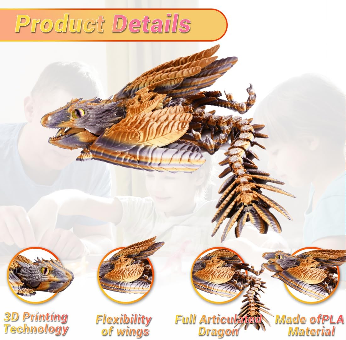 3D Printed Dragon, Feathered Wyvern Dragon, Articulated Dragon, Fidget Dragon Toys for Adult, Home Office Decor Executive Desk Toy