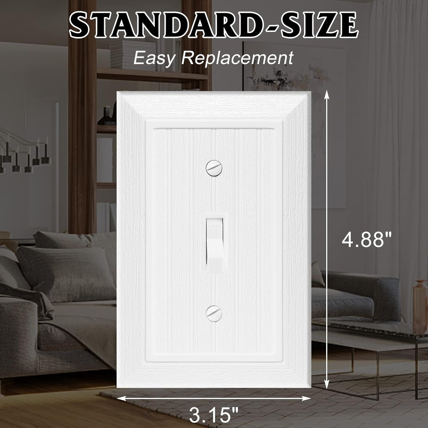Modern Decorative Wall Plate Switch Plate Outlet Cover, Vintage Retro Wood Grain Design(Single Toggle-4 Pack, White)