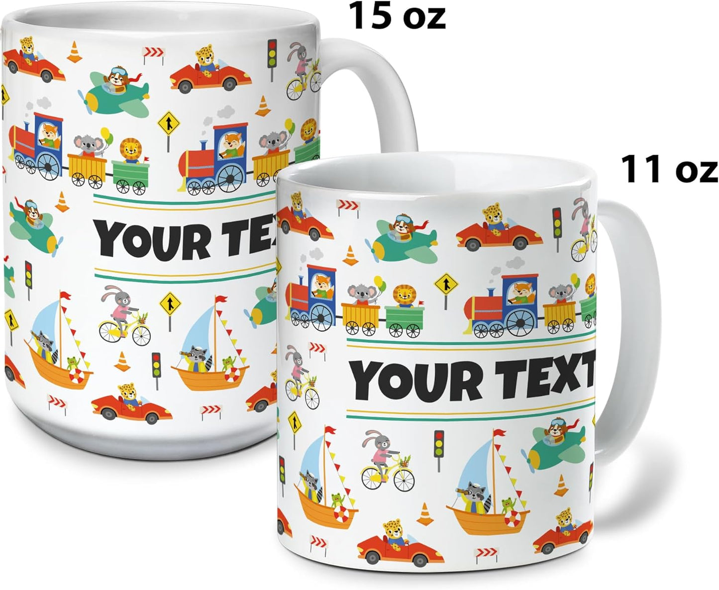 Personalized Mug for Kids - Vehicles - Custom Name/Text, Ceramic Hot Chocolate/Cocoa/Coffee Cup for Boys, Birthday/Christmas/Holiday Gift - 11 oz, Red Handle
