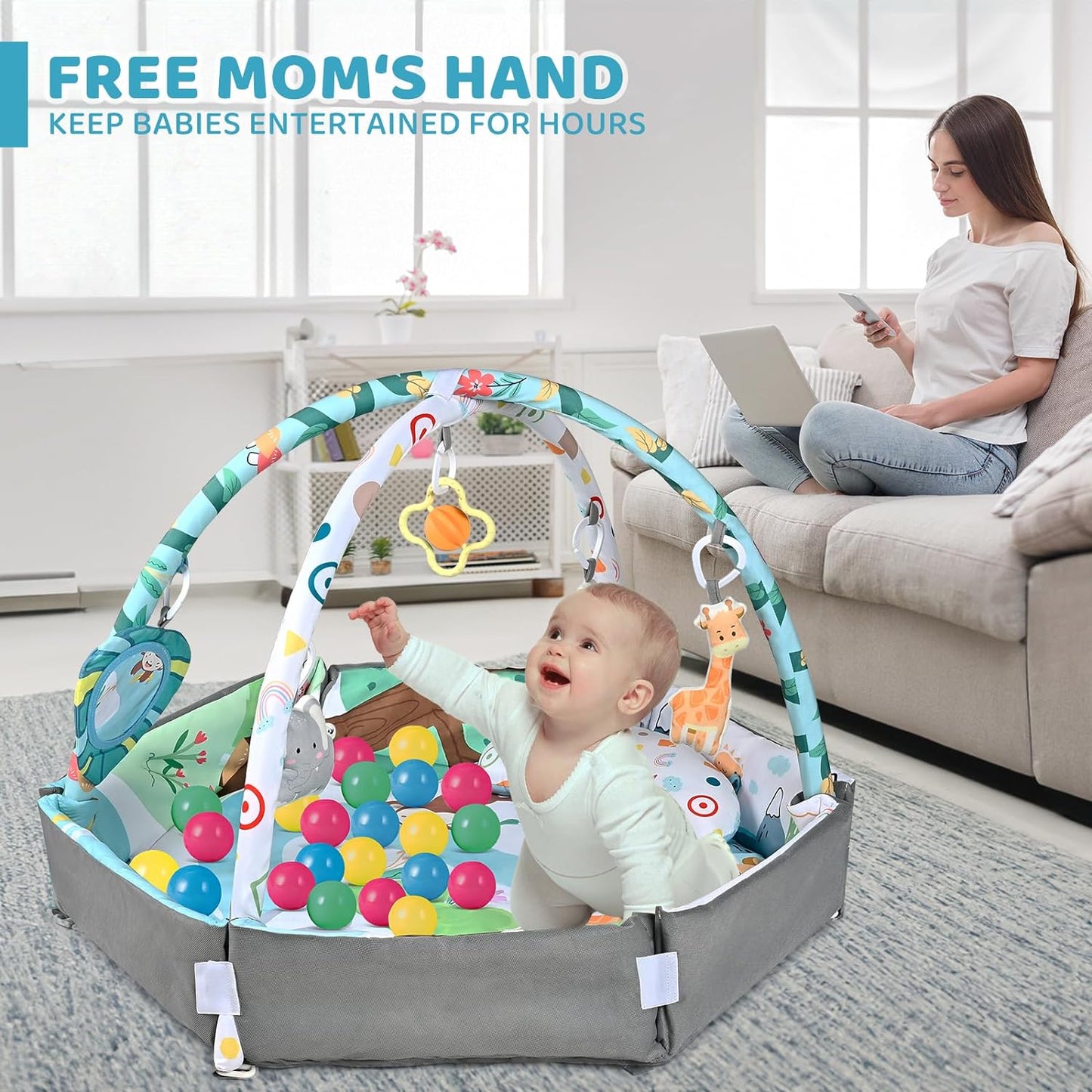 Baby Gym Play Mat, 8-in-1 Tummy Time Mat & Ball Pit with 6 Toys, Washable Baby Activity Play Mat for Visual, Hearing, Sensory, Motor Development, Baby Toys Gift for Toddler Infant 0-3-6-9-12 Months