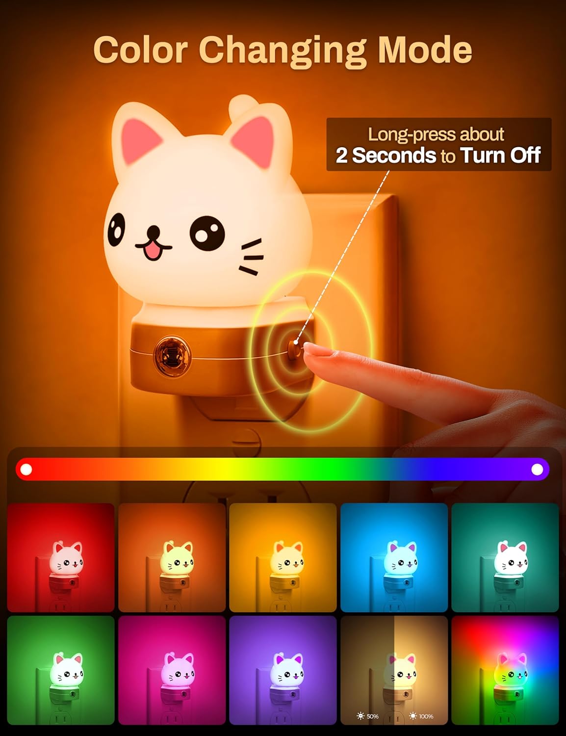 Cat Night Lights Plug Into Wall [2 Pack], Cute Night Light for Kids, 8-Color RGB LED Night Light, Nightlight with Dusk to Dawn Sensor for Kids Room, Bathroom, Bedroom Décor, Children Gift