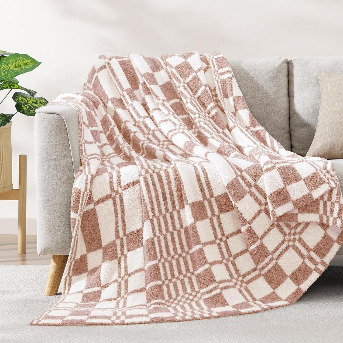 WRENSONGE Checkered Throw Blanket Clay Pink Soft Cozy Fluffy Warm Hand Made Weave Throw Blankets for Couch, Sofa, Chair, Bed, Camping, Picnic, Travel Lightweight Bed Blanket - 60"*80"