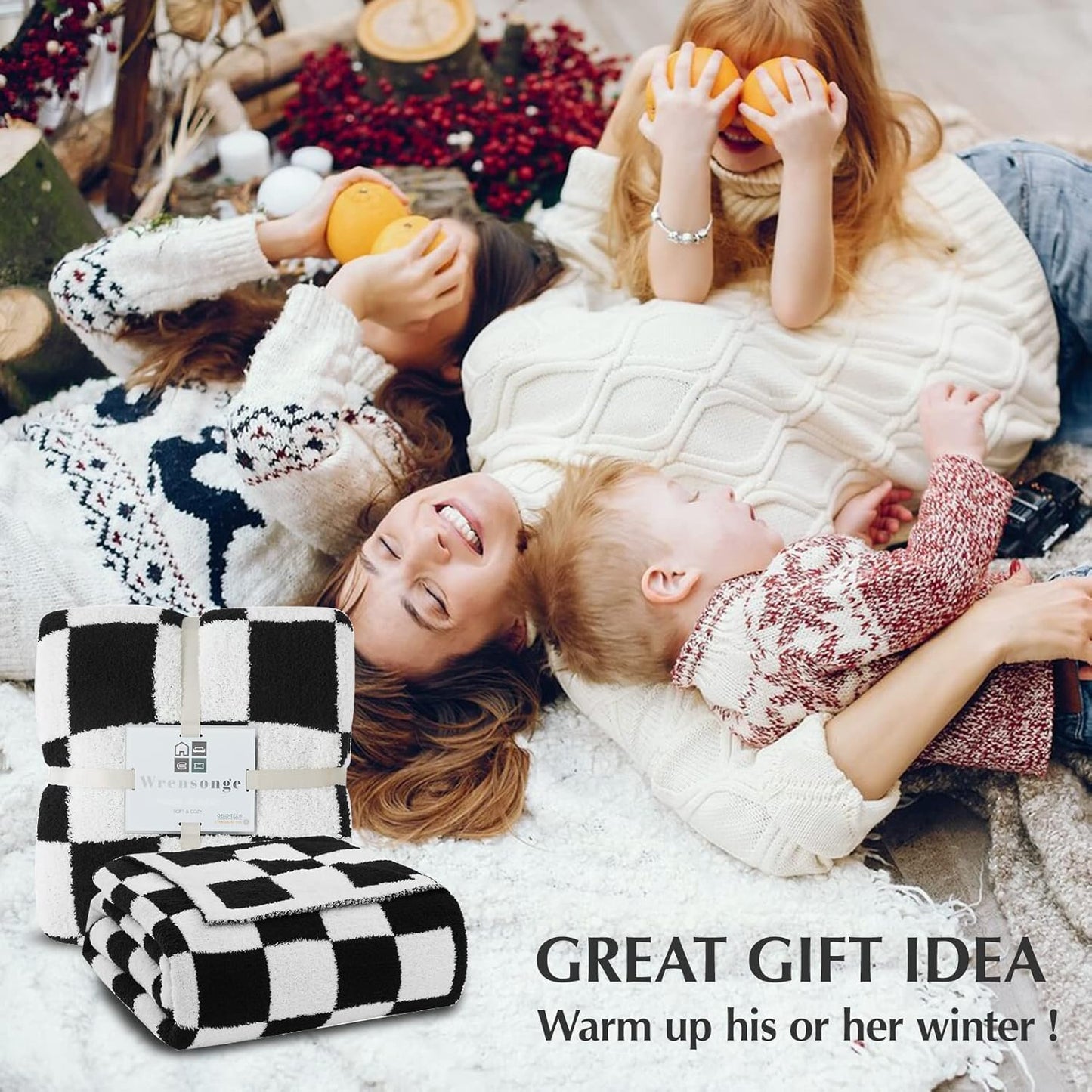WRENSONGE Checkered Throw Blanket, Black and White Soft Cozy Fluffy Warm Hand Made Throw Blankets for Couch, Sofa, Chair, Bed, Camping, Picnic, Travel Lightweight Bed Blanket - 60"*80"
