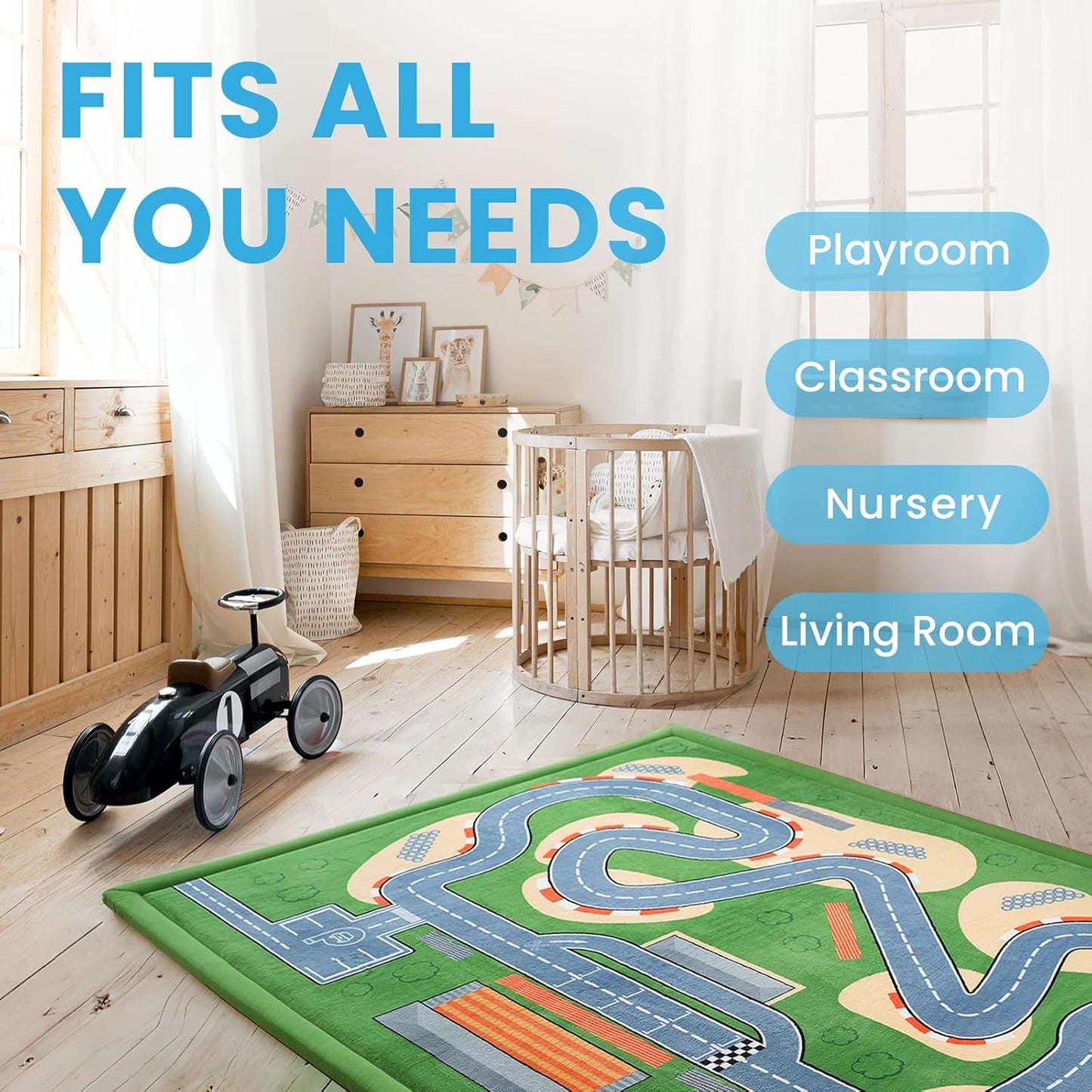Race Track Playmat Rug, 1.3" Toddler Safety Elasti-Foam Playmat 59"×79" Fun and Education Large Floor Mat for Crawling Activity Race Car Track Play Mat for Boys & Girls