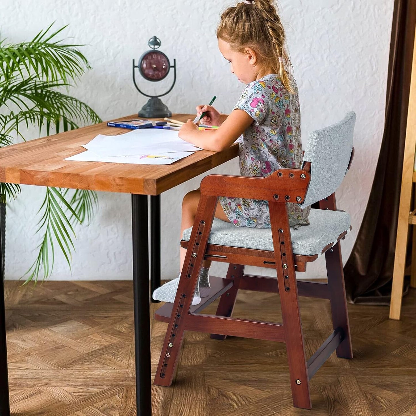 Ezebaby Wooden High Chair for Toddlers to Teens, Adjustable Kids Study & Dining Chair with Steps and Removable Cushion (Nut-Brown)