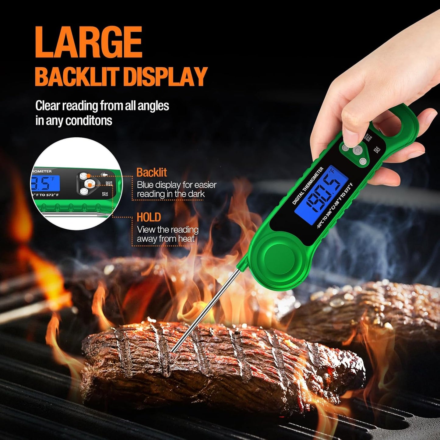 Digital Meat Thermometer for Grilling, Candy Thermometer Instant Read Food Thermometer Waterproof with Backlight for Cooking, Deep Fry, BBQ, Grill, Smoker and Roast (Green)