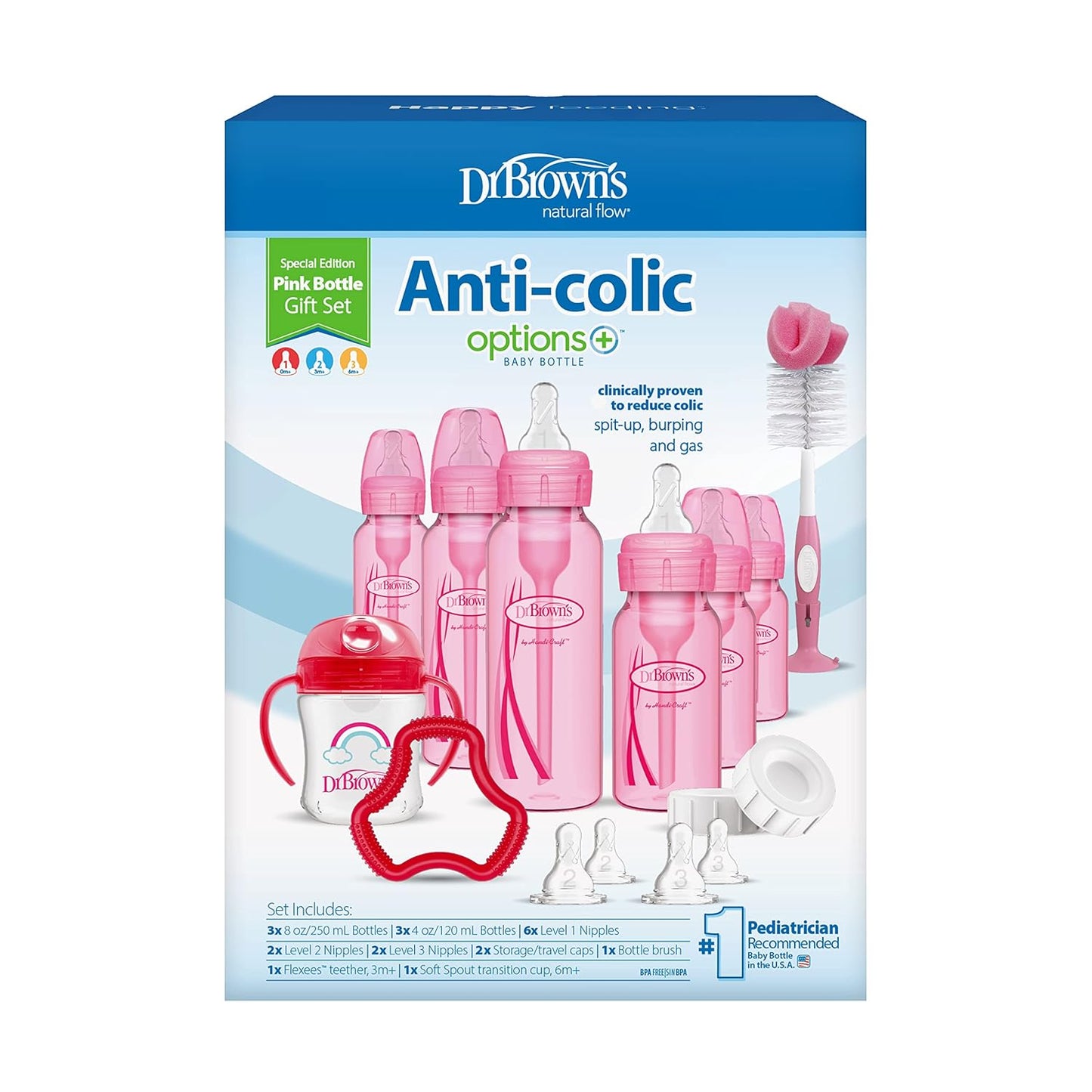 Dr. Brown's Natural Flow Anti-Colic Options+ Special Edition Pink Baby Bottle Gift Set with Soft Sippy Spout Transition Cup, Flexees Teether, Bottle Cleaning Brush and Travel Caps