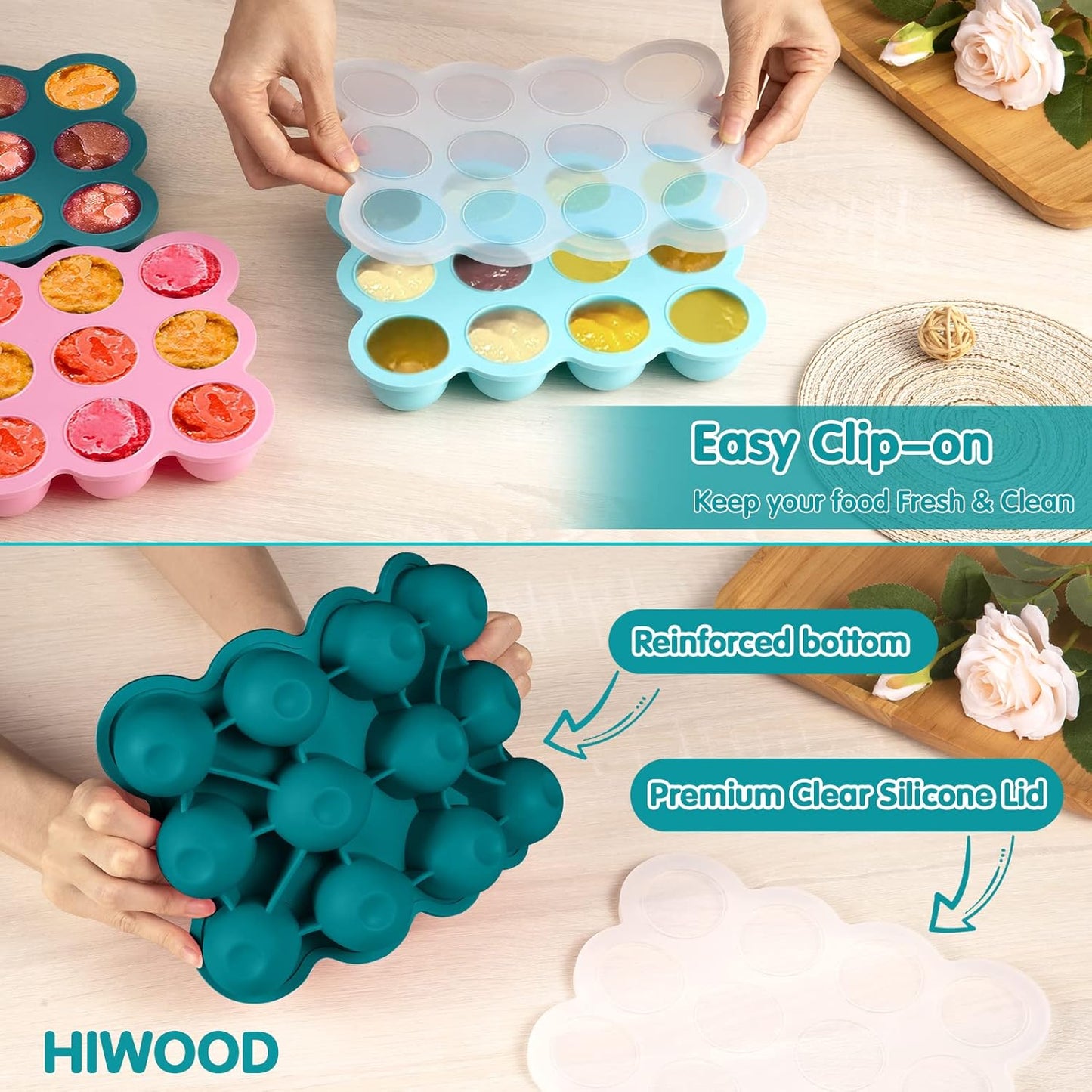 Baby Food Freezer Tray with Clip on Lid, 12 x 1.5 Ounce Baby Food Storage Container, Silicone Freezer Molds for Homemade Baby Food, Fruit Purees & Vegetables (Teal Blue)