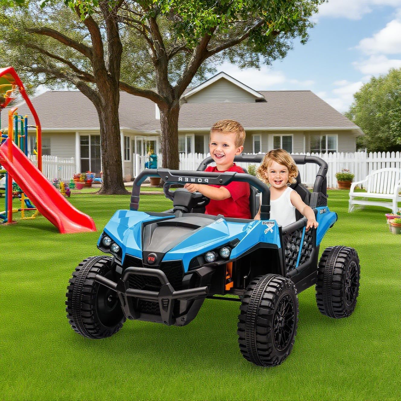 24V 2 Seater Ride On Car Truck, Power Wheels Kids UTV w/Parent Remote Control, 3.1 MPH Max Speed, Music Player, LED Lights & Storage, Electric Vehicle Ride On Toy for Kids Toddler Ages 3-8, Blue