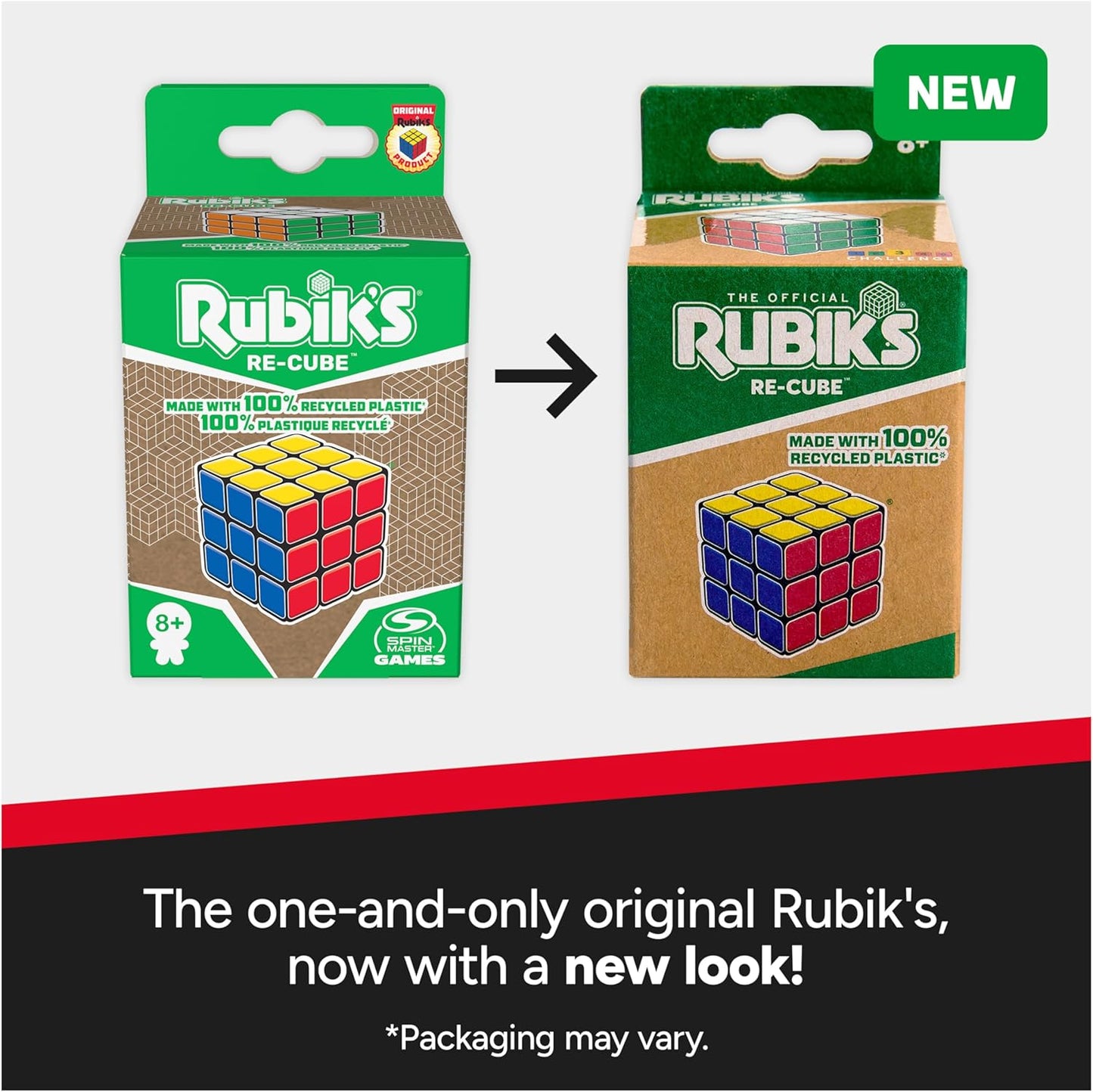 Rubik's Re-Cube, The Original 3x3 Cube Made with 100% Recycled Plastic 3D Puzzle Fidget Cube Stress Relief Travel Game, for Adults and Kids Ages 8+