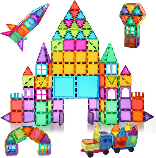 Bmag Magnetic Tiles, 120 PCS Magnetic Building Blocks, 3D Magnet Tiles for Kids Boys Girls, STEM Construction Building Set, Stacking Toys with 2 Car