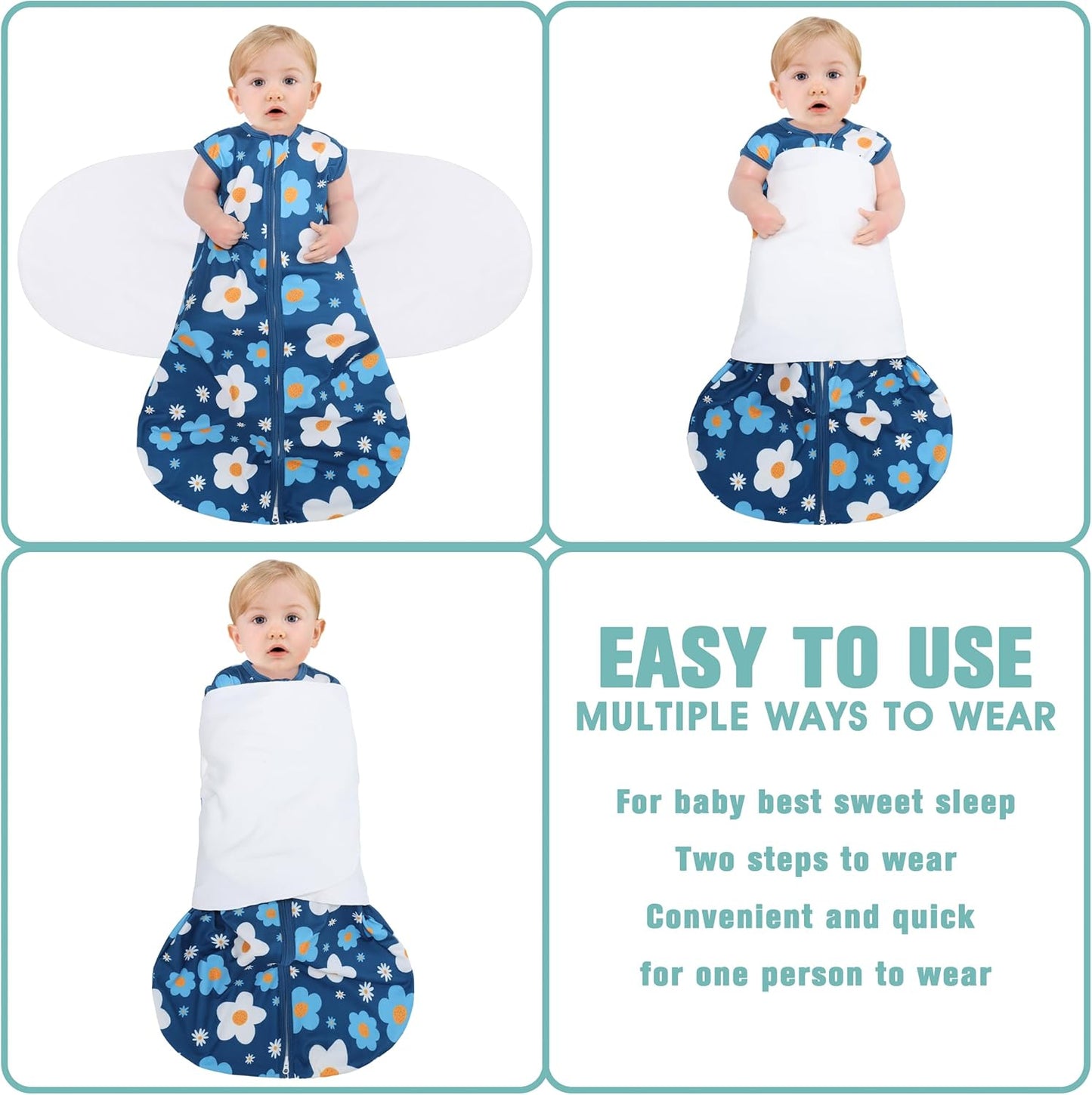 Newborn Sleep Sack Baby Swaddle,3-Way Adjustable Wearable Blanket,100% Rayon Cotton Swaddling Sleeping Bag，TOG 0.5 (Gerbera & Tulips, 0-3 Months)