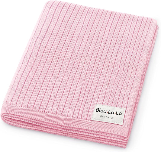 Organic Ribbed Swaddle Blanket for Boys & Girls - 100% Luxury Organic Soft Cotton Knit Warm Cozy Cuddle Stroller Crib Blanket for Newborns, Infants, & Toddlers (Bubblegum)