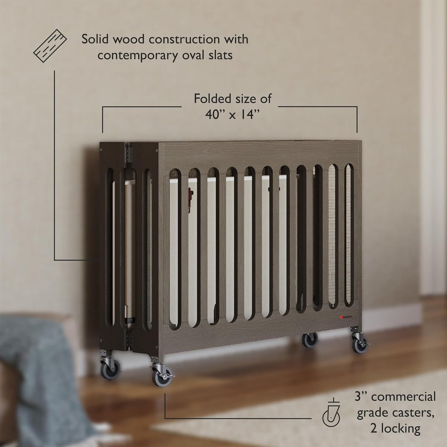 Foundations Boutique Compact Folding Crib 3 Pack for Hotels, Wood Crib, Commercial Casters, Includes 3" Foam Crib Mattress (Dapper Gray)