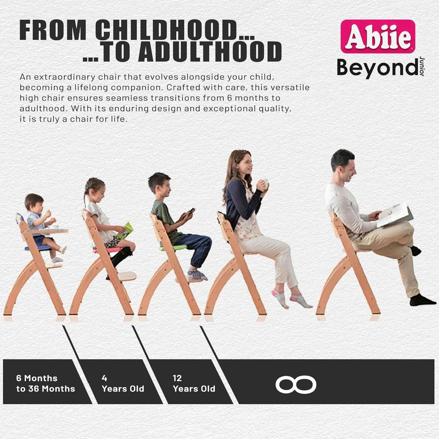Abiie Beyond Junior Wooden High Chair with Tray - Adjustable and Convertible High Chair for Babies and Toddlers - 6 Months to 250 Lb - Water Resistant - Mahogany Wood/White Cushion
