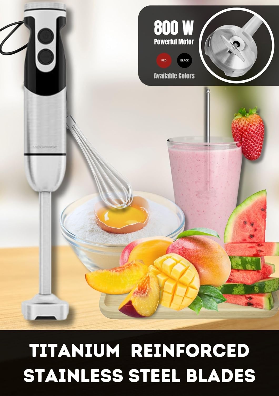 Megawise High-Power Hand Blender – 400W Max Power with Versatile 3-in-1 Attachments (Blending Shaft, Whisk, Chopper); Ergonomic Design with Adjustable Speed Control; Easy to Clean and Maintain (Black)