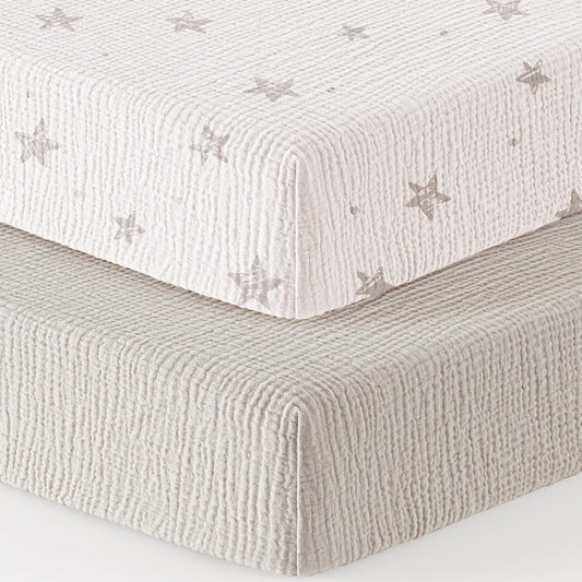 Bearmoss Muslin Mini Crib Sheets for Pack N Play Mattress - 100% Cotton - 38"x24" Soft Breathable Playard Baby Crib Sheets Neutral for Boys Girls - 2 Pack (White Star)