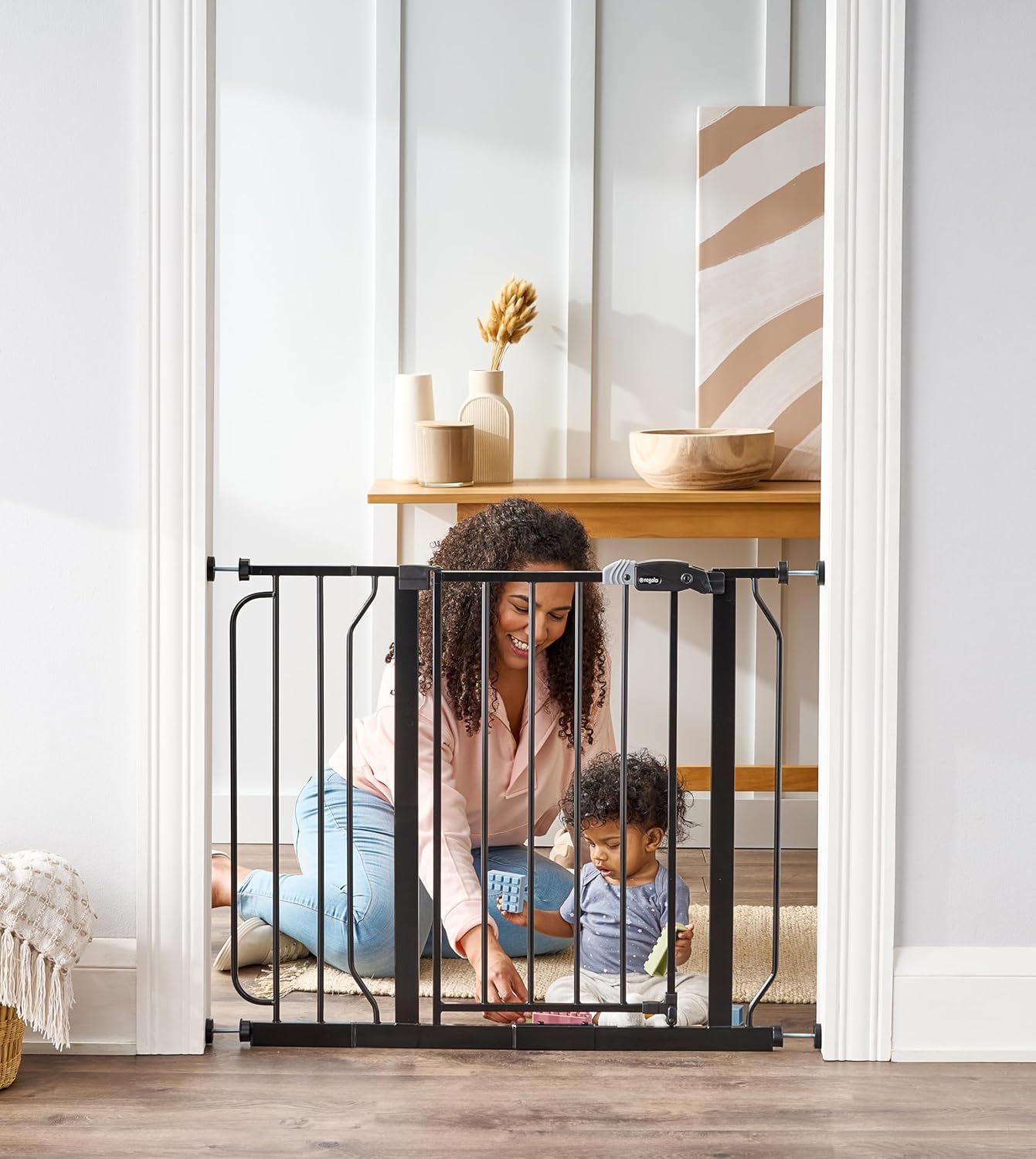 Regalo Easy Step 38.5-Inch Wide Walk Thru Baby Gate, Includes 6-Inch Extension Kit, Pressure Mount Kit, Wall Cups, Black