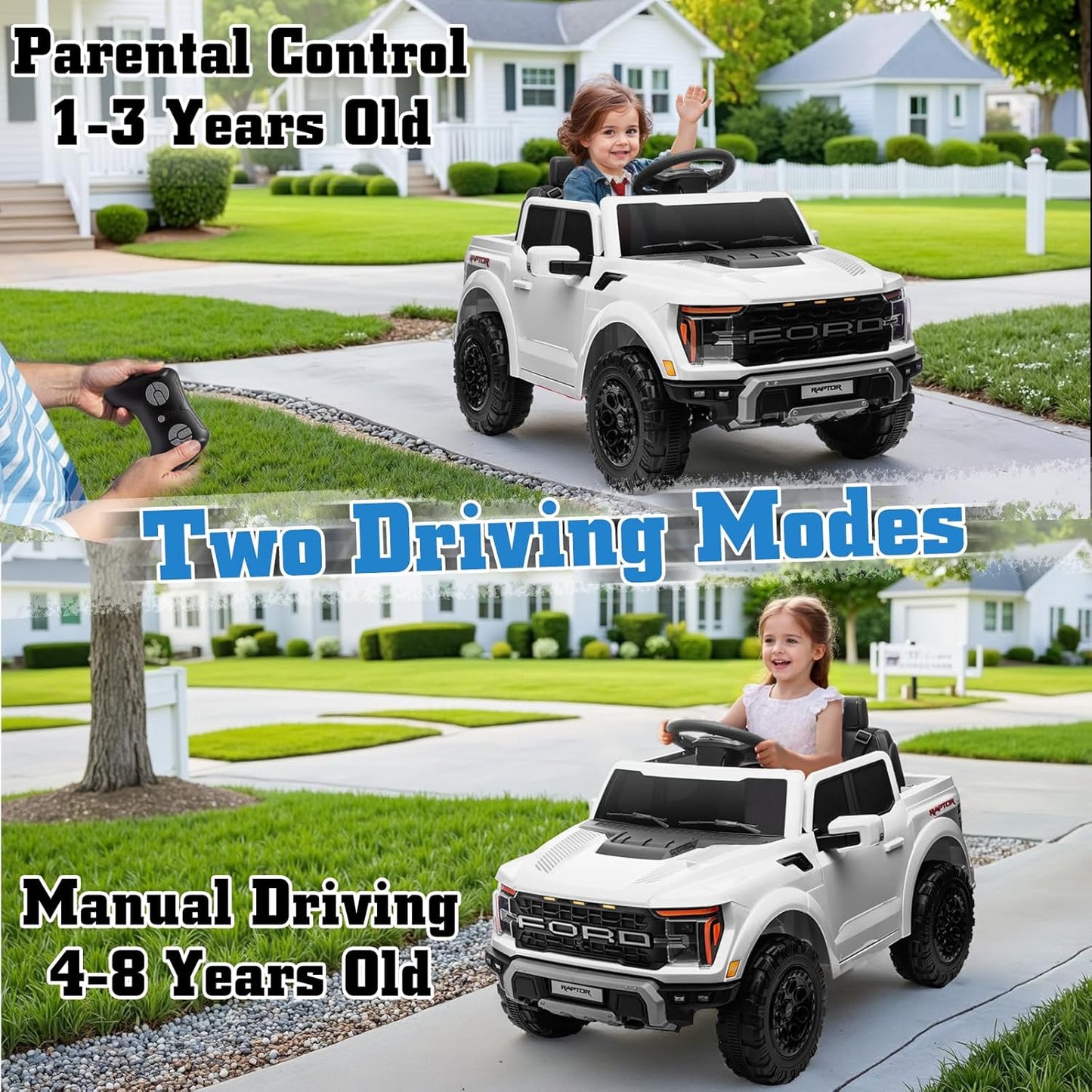 12V Ride on Car Licensed Ford F-150 Raptor, Kids Electric Car with Remote Control, LED Light/Music/MP3, Truck Bed Storage, 3-Point Seat Belt (12V, White)