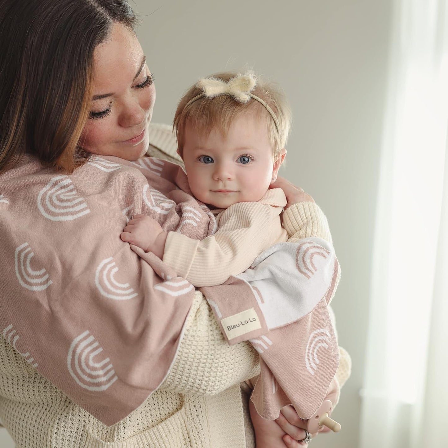 Knit Baby Swaddle Blanket for Girls - 100% Cotton Buttery Soft Cozy Receiving Swaddle Crib Stroller Blanket for Shower Gift Registry for Newborns, Infants, Toddlers (Rainbow - Pink)