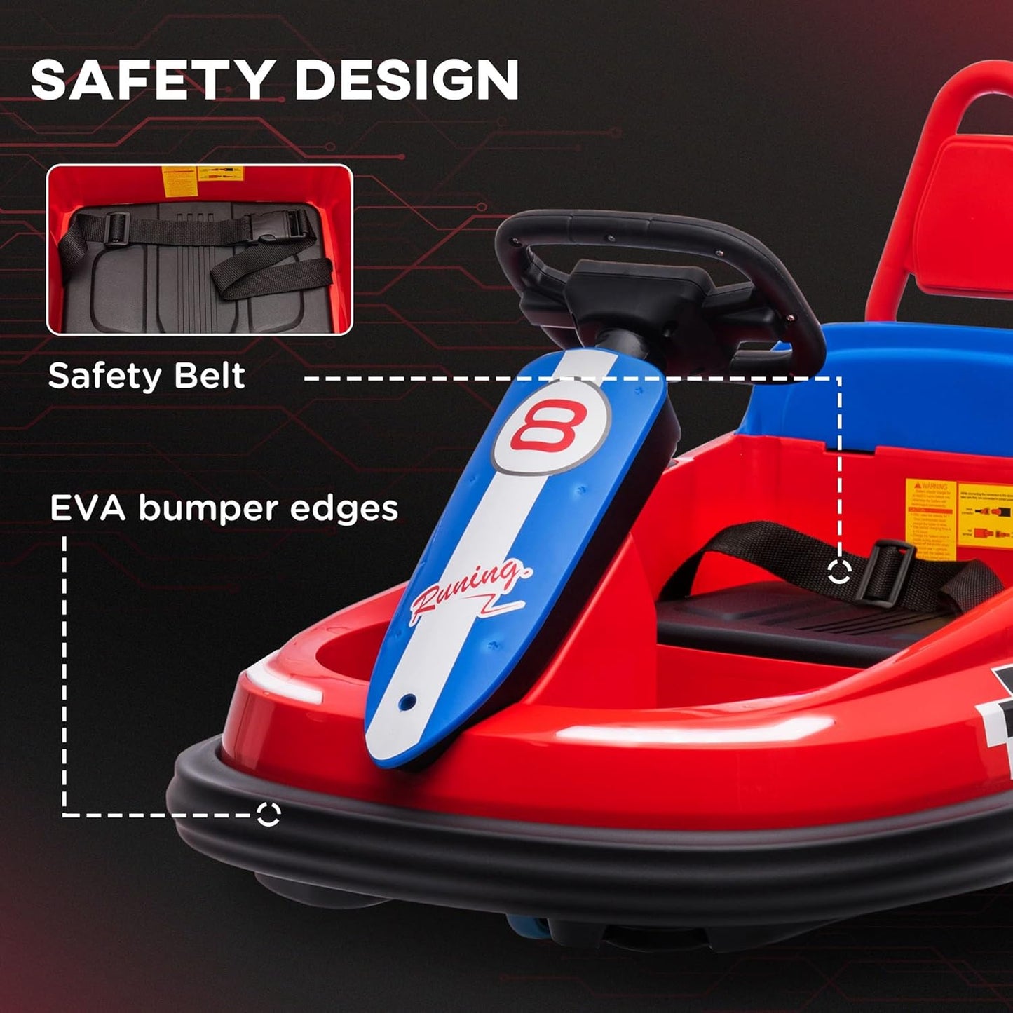 Aosom Toddler Bumper Car, 360° Rotation 6V Kids Electric Ride on Bumper Car with EVA Bumper Edges, Twins Motor, Songs, Horn, LED Lights, Safety Belt for 18-48 Months, Red