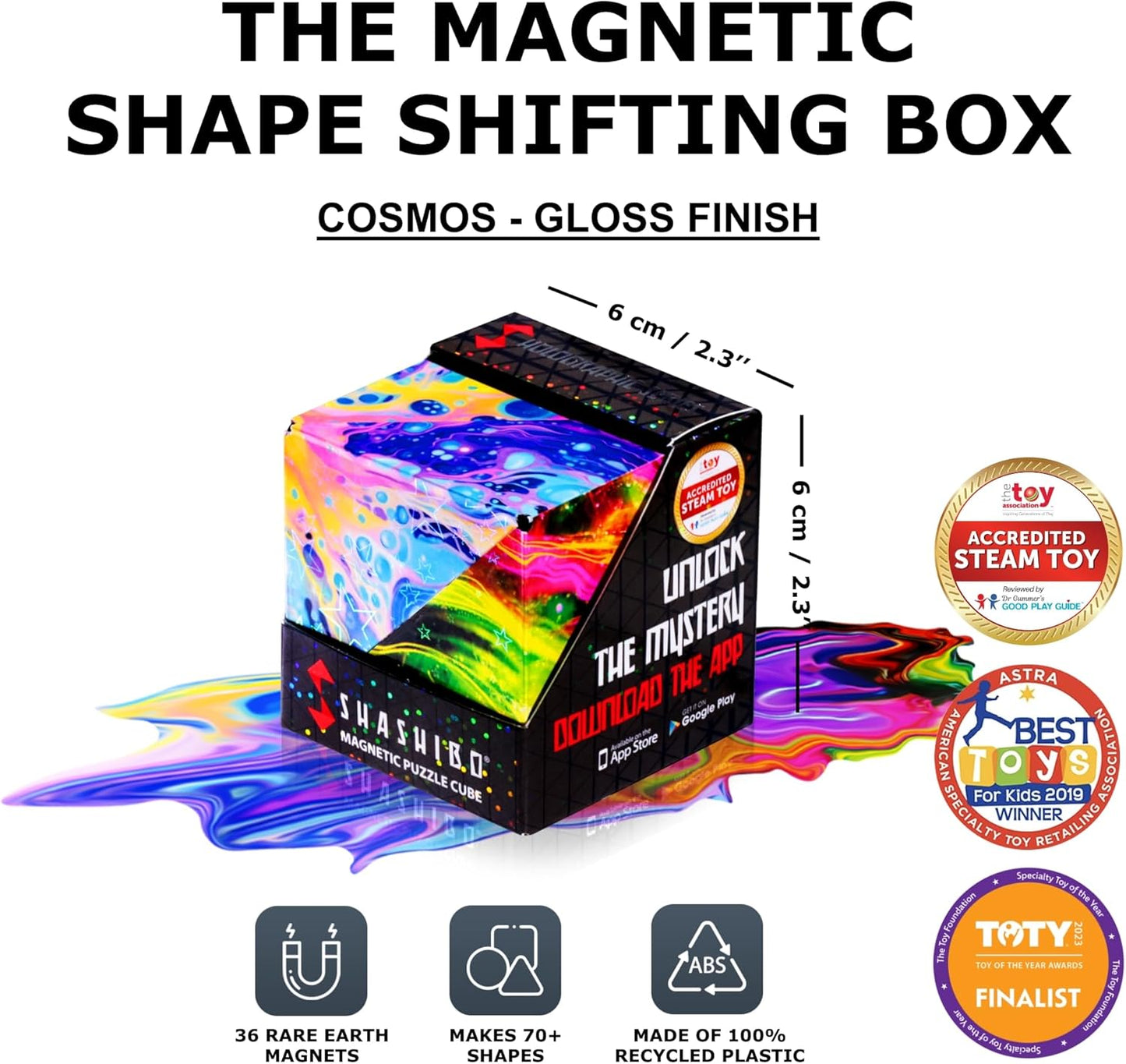 SHASHIBO Shape Shifting Box - Award-Winning, Patented Fidget Cube w/ 36 Rare Earth Magnets - Transforms Into Over 70 Shapes, Download Fun in Motion Toys Mobile App (Holographic - Cosmos)