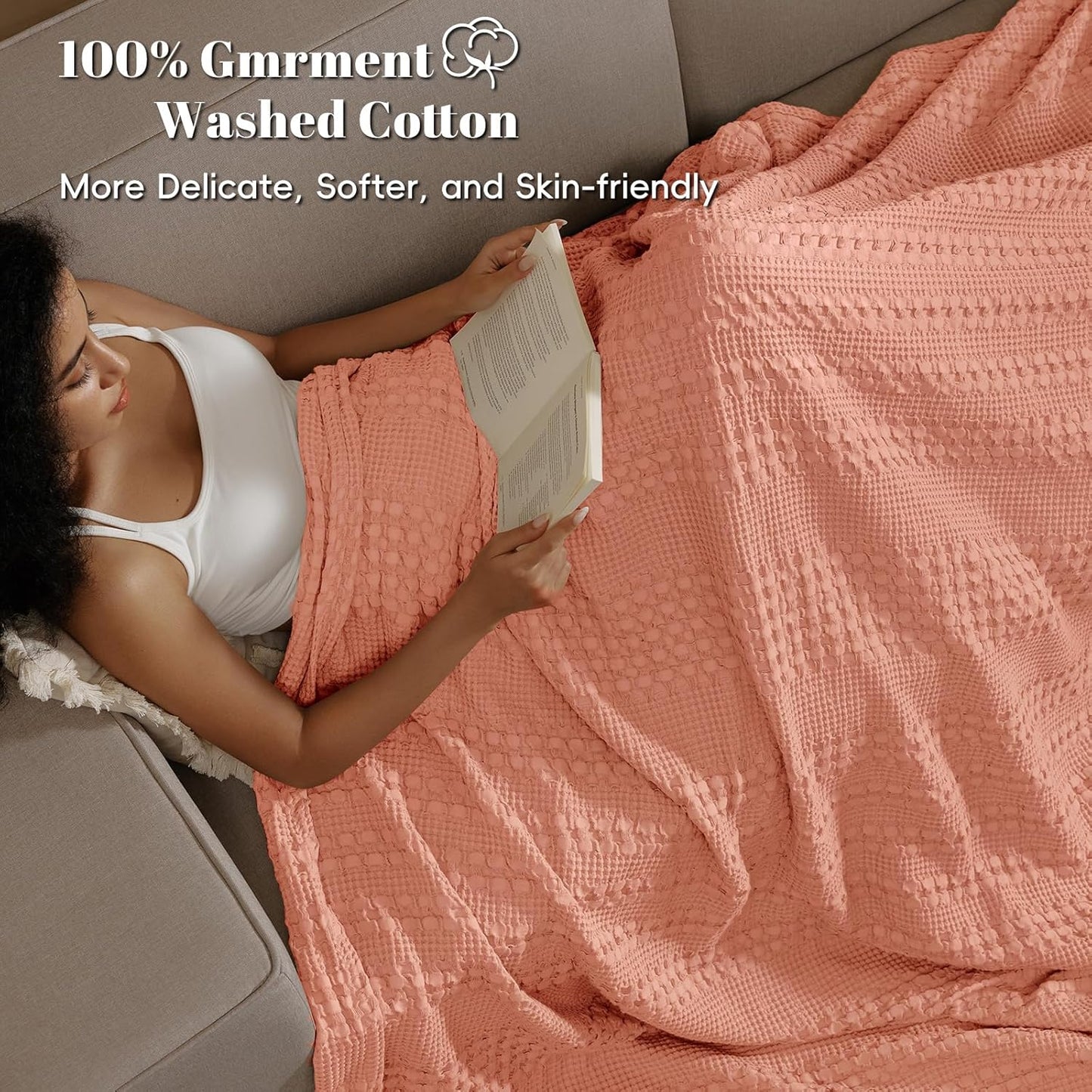 PHF 100% Cotton Waffle Weave Blanket King Size, Soft Lightweight Breathable Cozy Summer Blankets for Bed, Luxury Aesthetic Woven Bedding for Home Decor, 108"x90", Canyon Clay